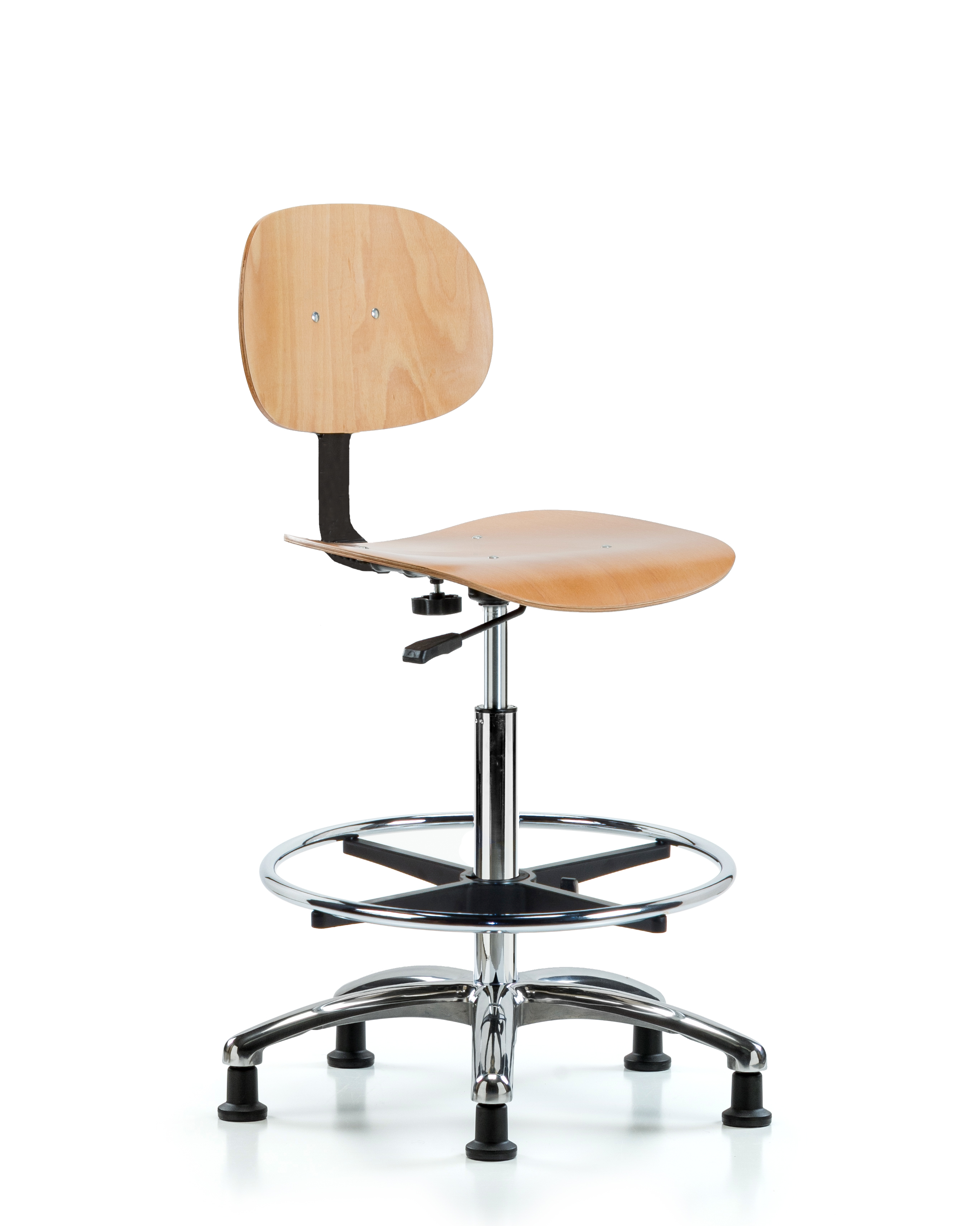 Wood Chair Chrome - High Bench Height with Chrome Foot Ring & Stationary Glides