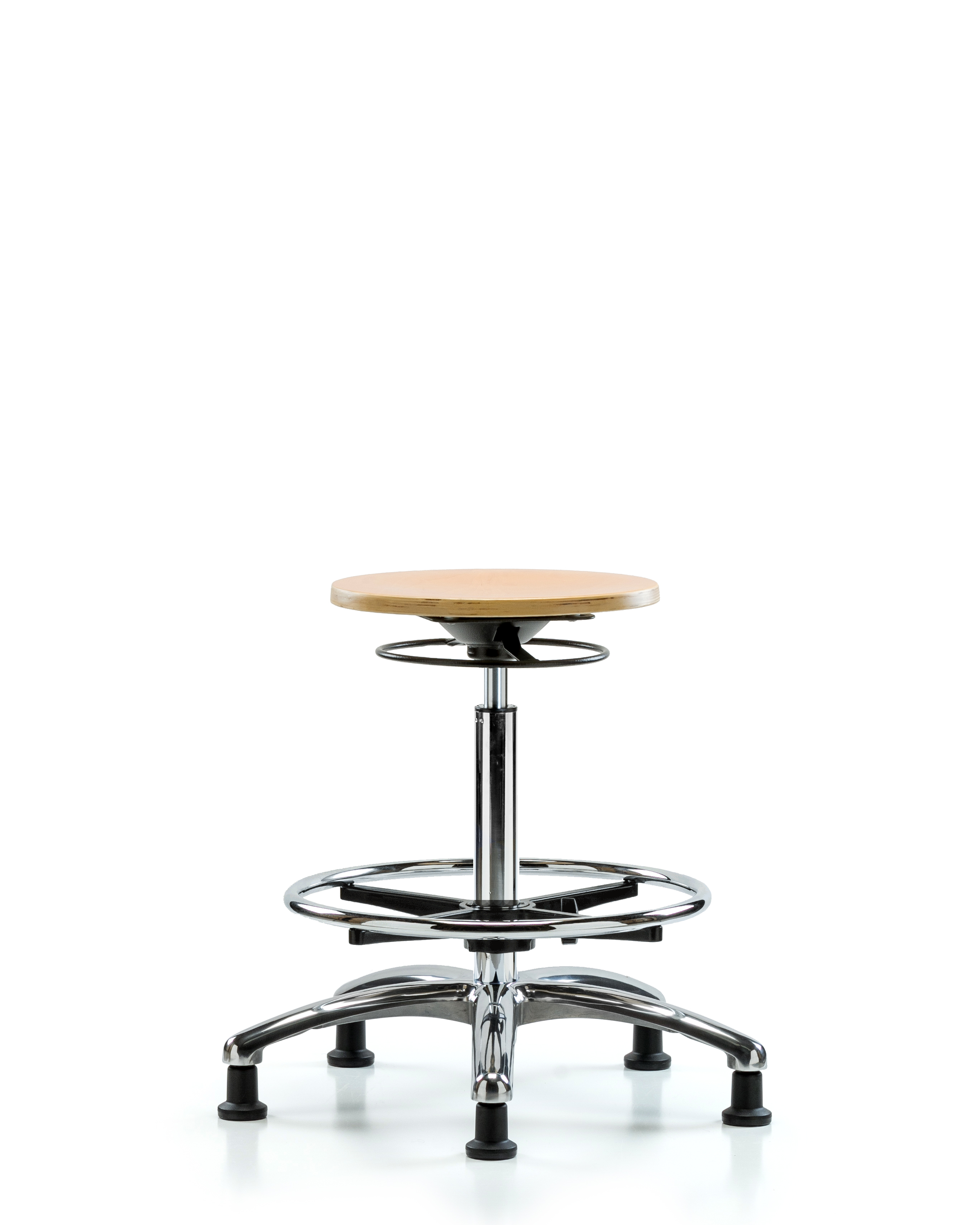 Wood Stool Chrome - High Bench Height with Chrome Foot Ring & Stationary Glides