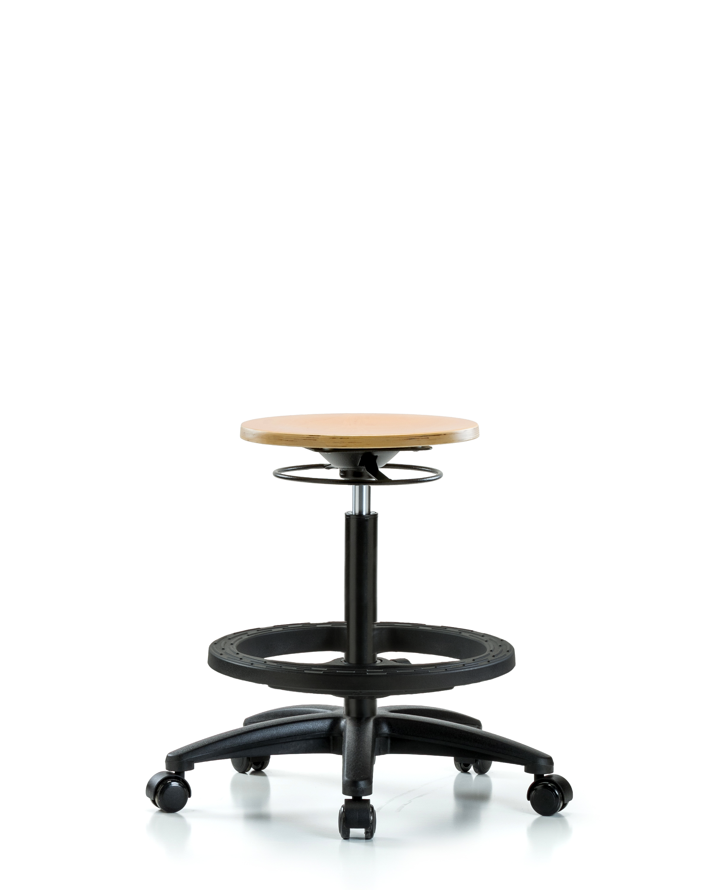 Wood Stool - High Bench Height with Black Foot Ring & Casters