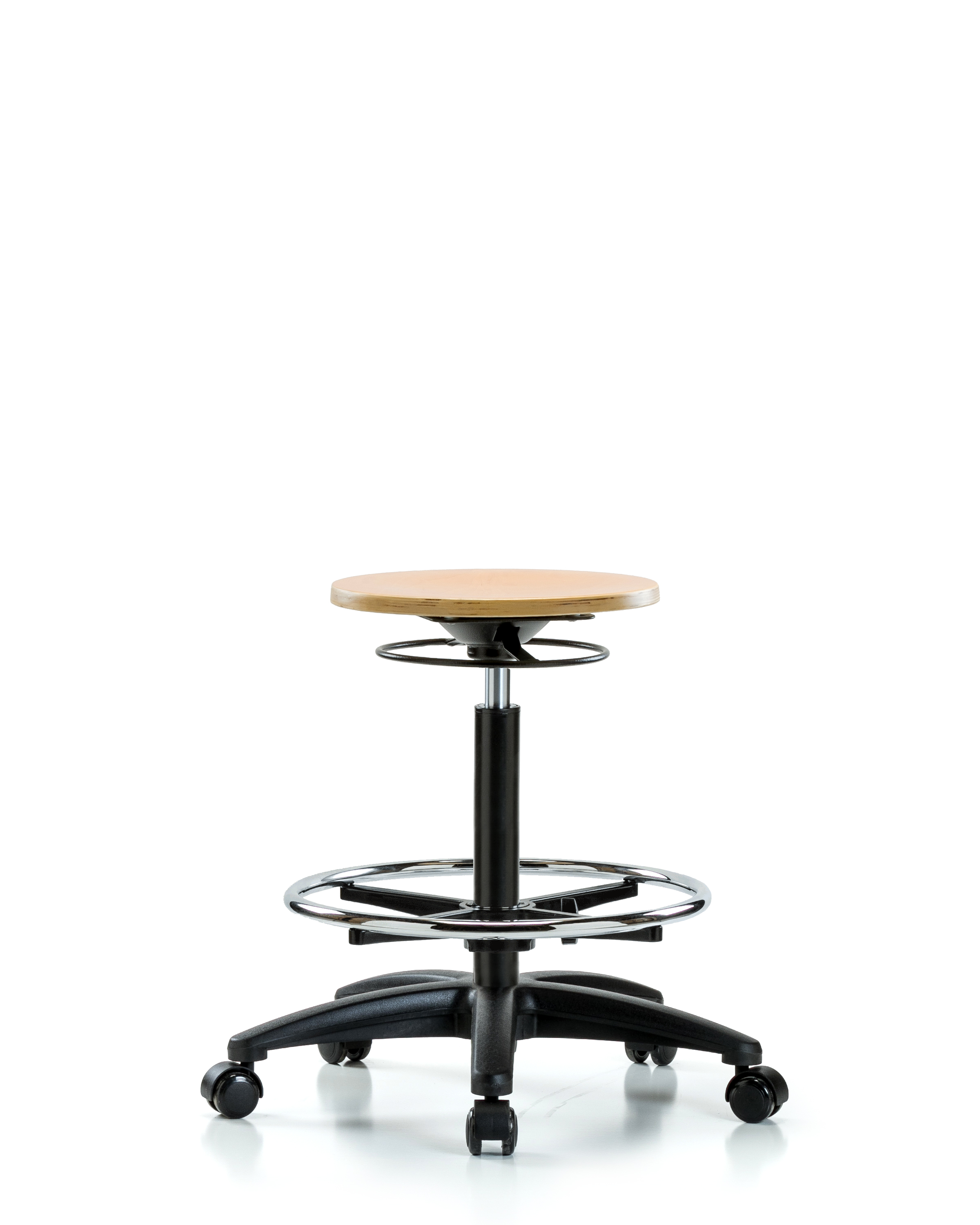Wood Stool - High Bench Height with Chrome Foot Ring & Casters