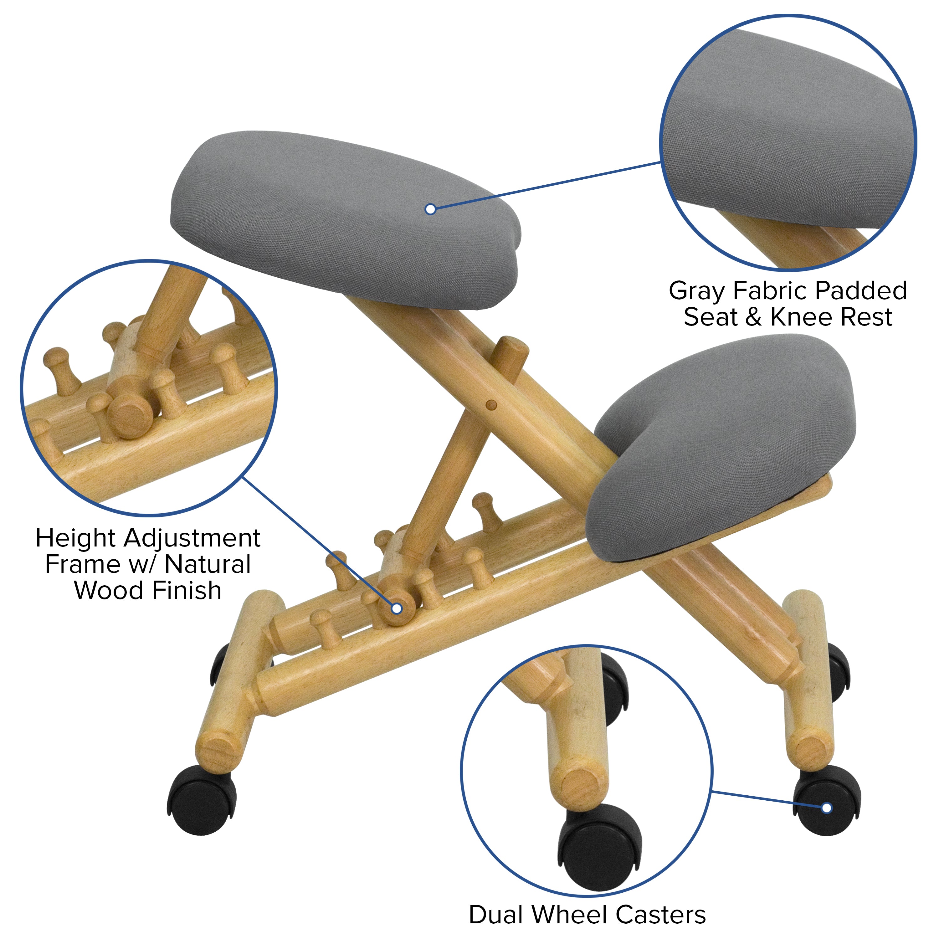 Posey Mobile Wooden Ergonomic Kneeling Office Chair in Gray Fabric