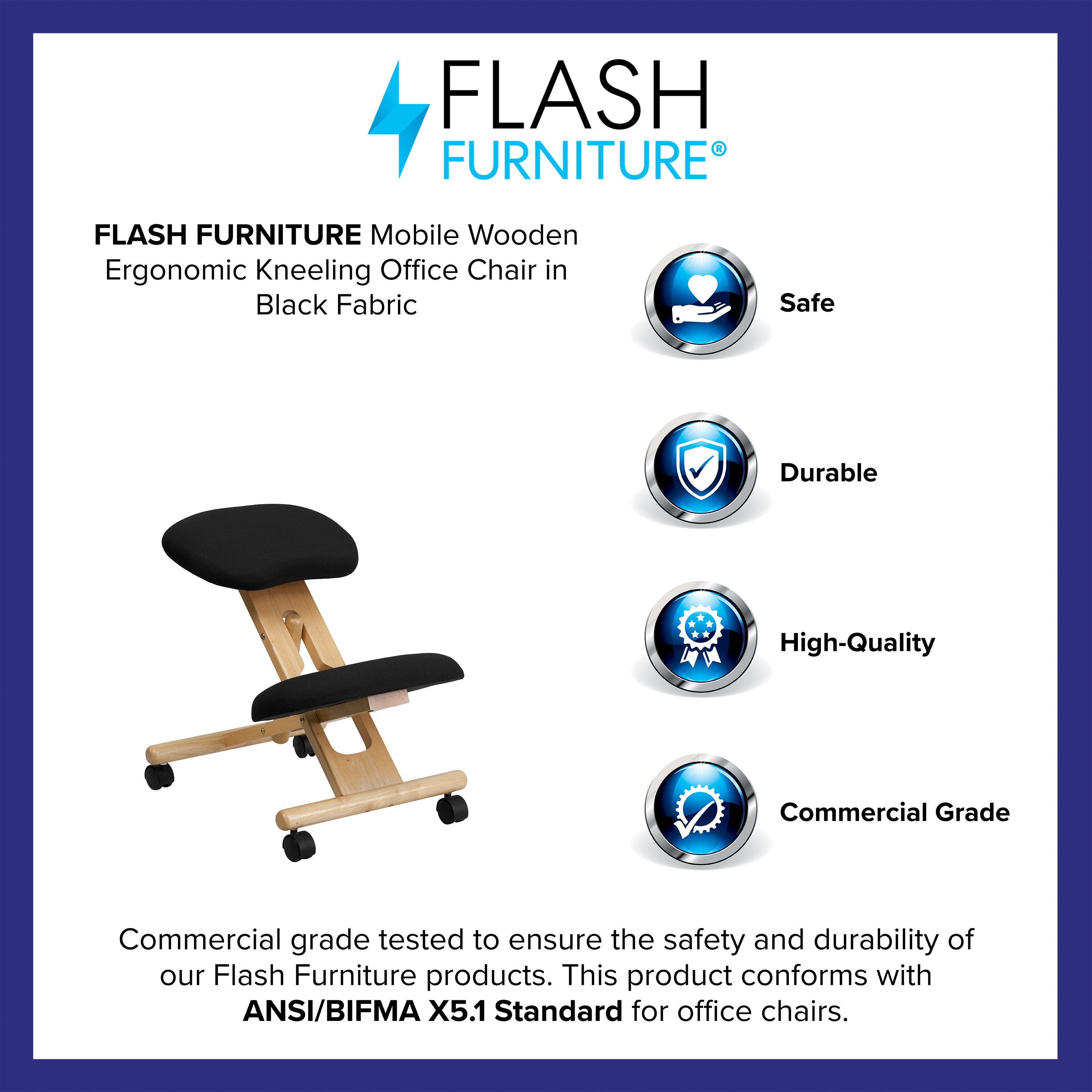 Posey Mobile Wooden Ergonomic Kneeling Office Chair in Black Fabric