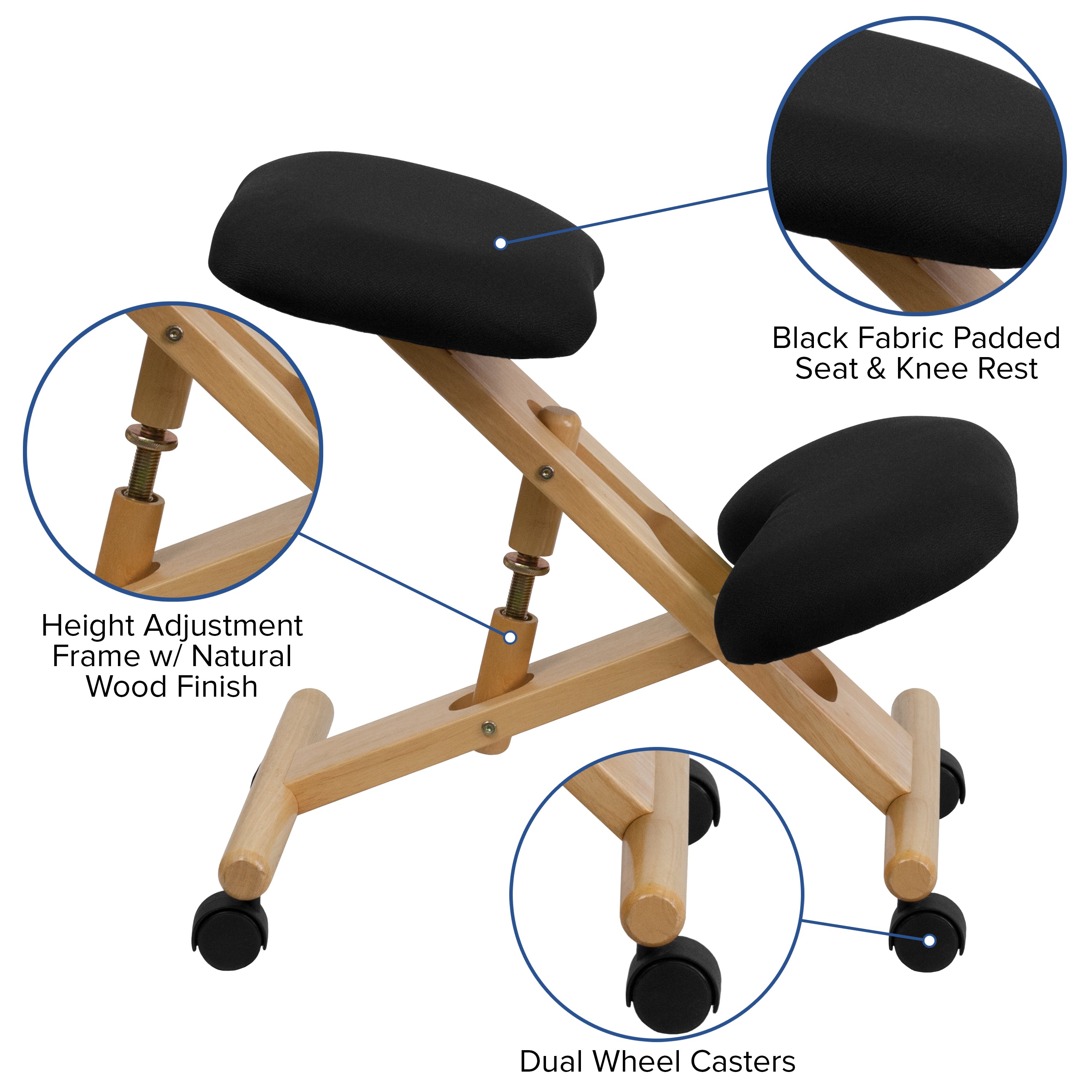 Posey Mobile Wooden Ergonomic Kneeling Office Chair in Black Fabric