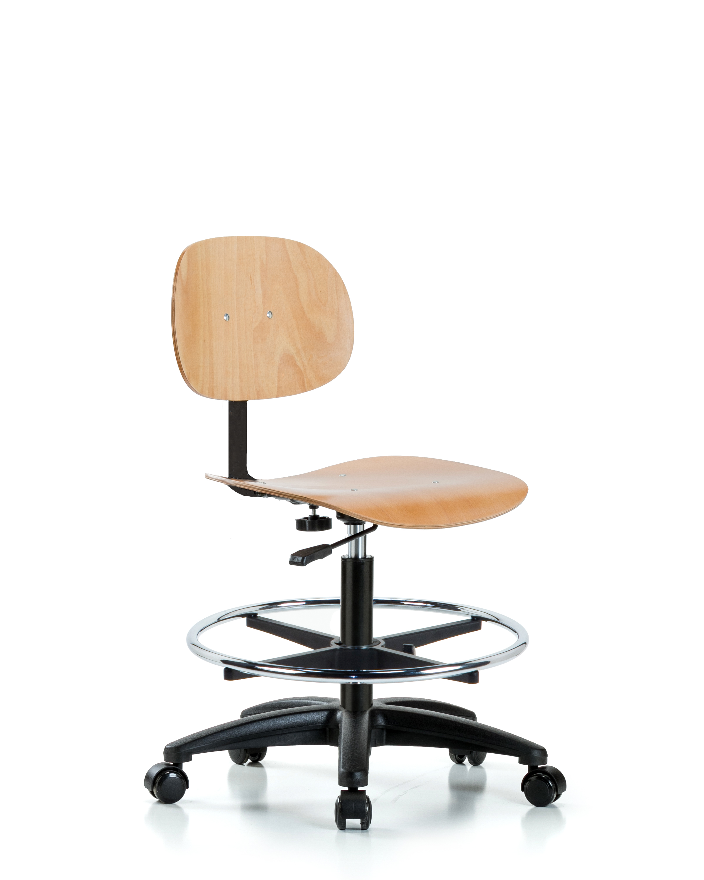 Wood Chair - Medium Bench Height with Chrome Foot Ring & Casters