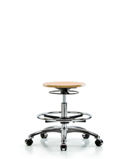 Wood Stool Chrome - Medium Bench Height with Chrome Foot Ring & Casters