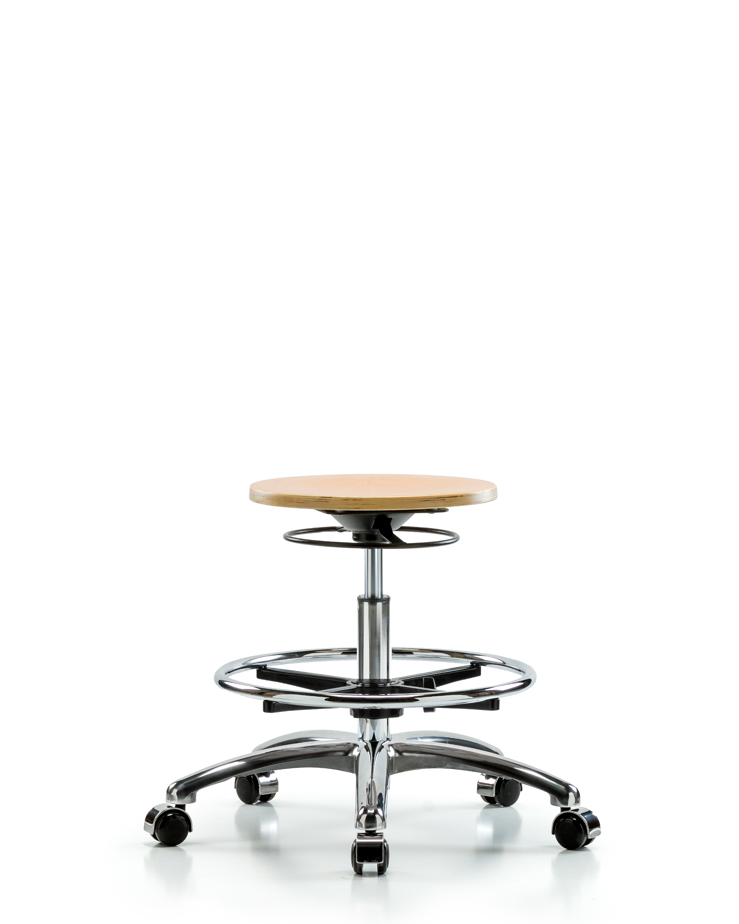 Wood Stool Chrome - Medium Bench Height with Chrome Foot Ring & Casters