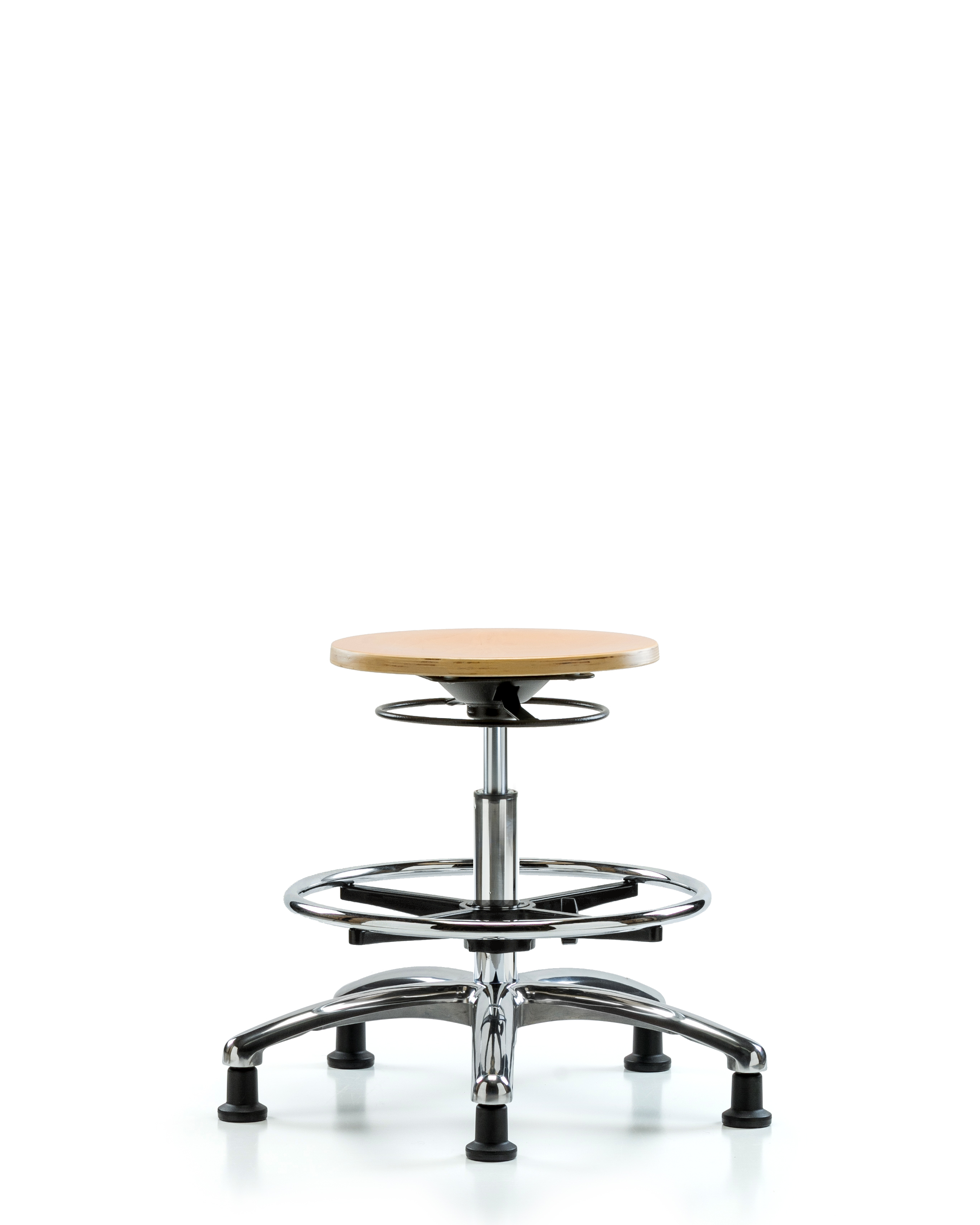 Wood Stool Chrome - Medium Bench Height with Chrome Foot Ring & Stationary Glides