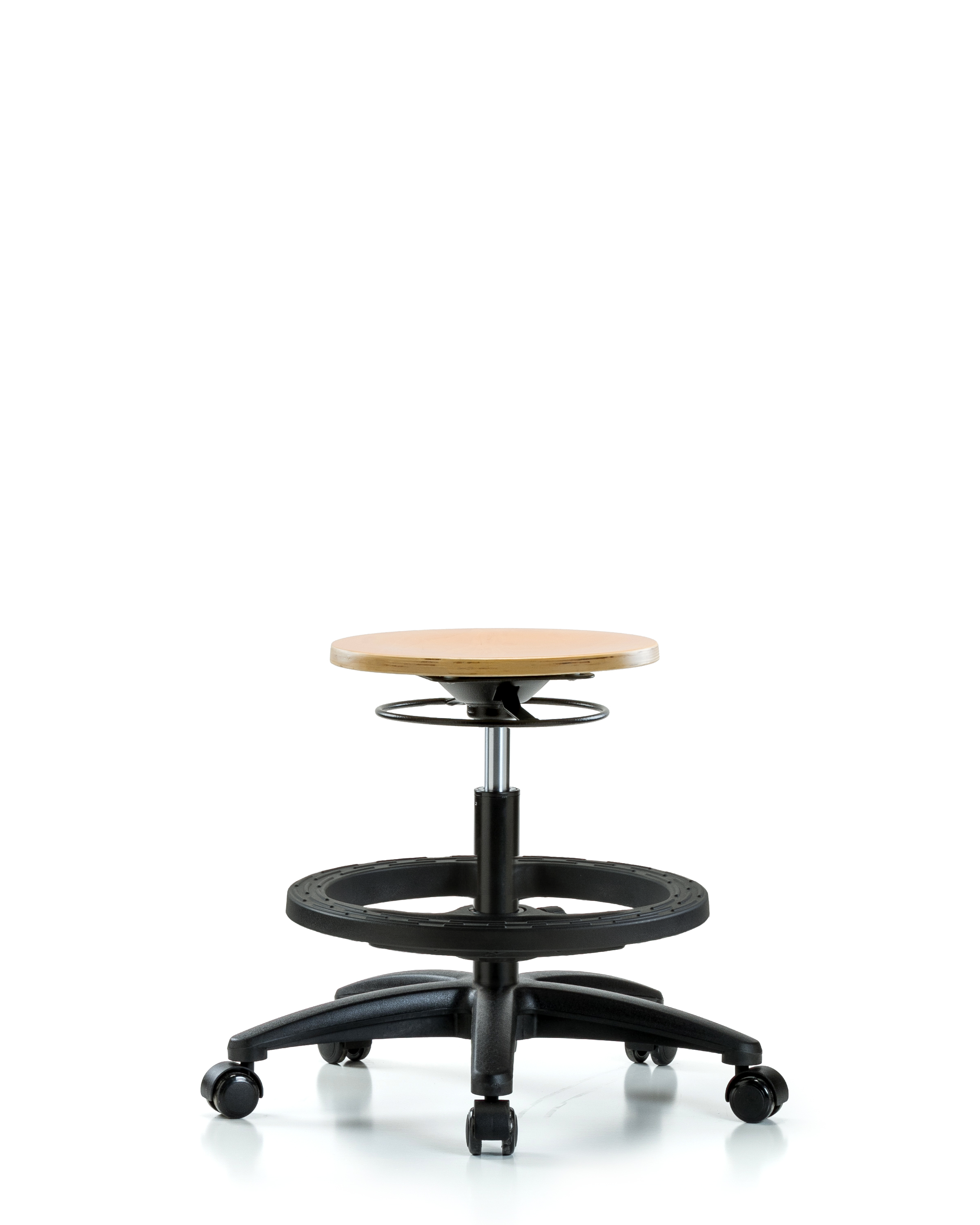Wood Stool - Medium Bench Height with Black Foot Ring & Casters