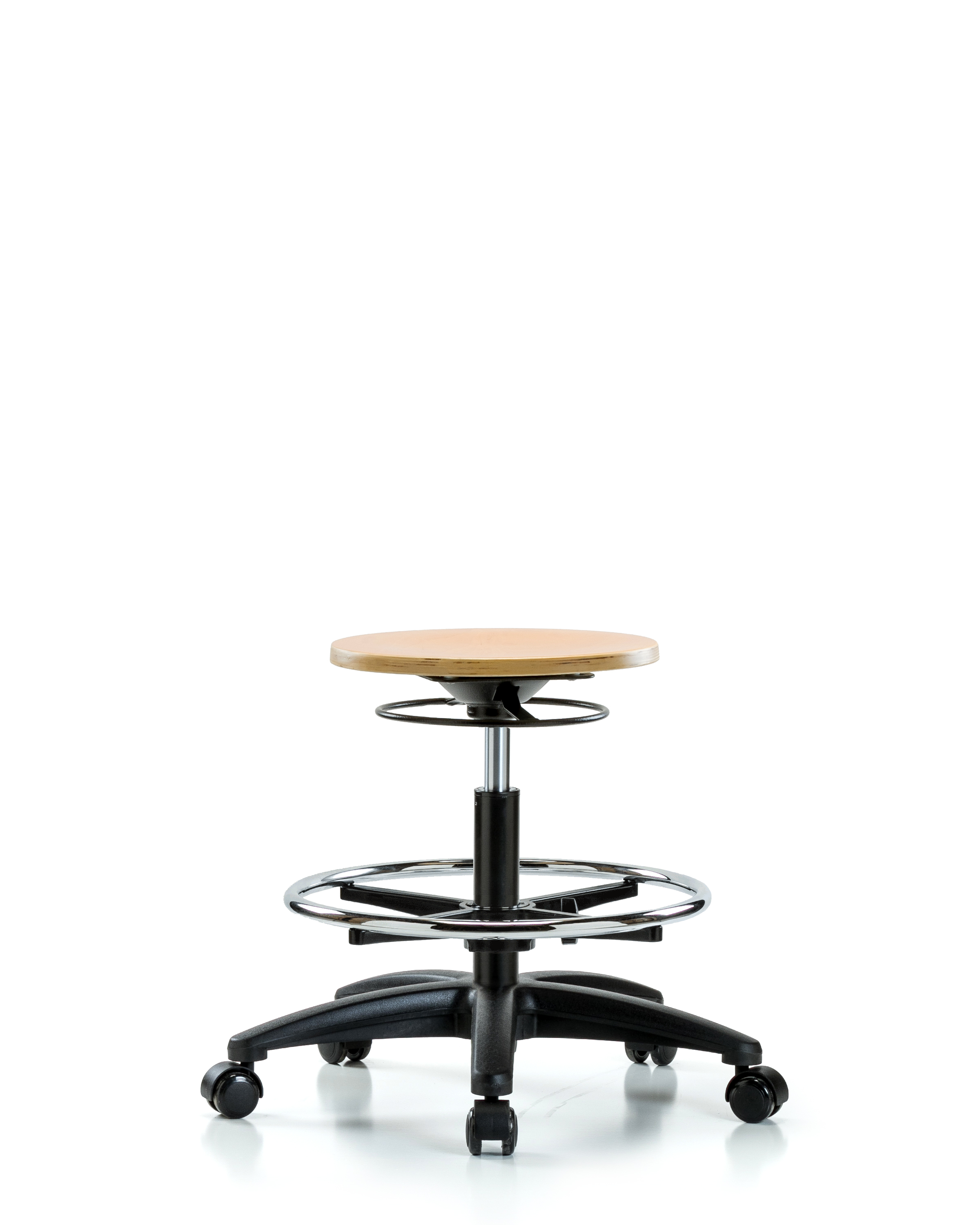 Wood Stool - Medium Bench Height with Chrome Foot Ring & Casters