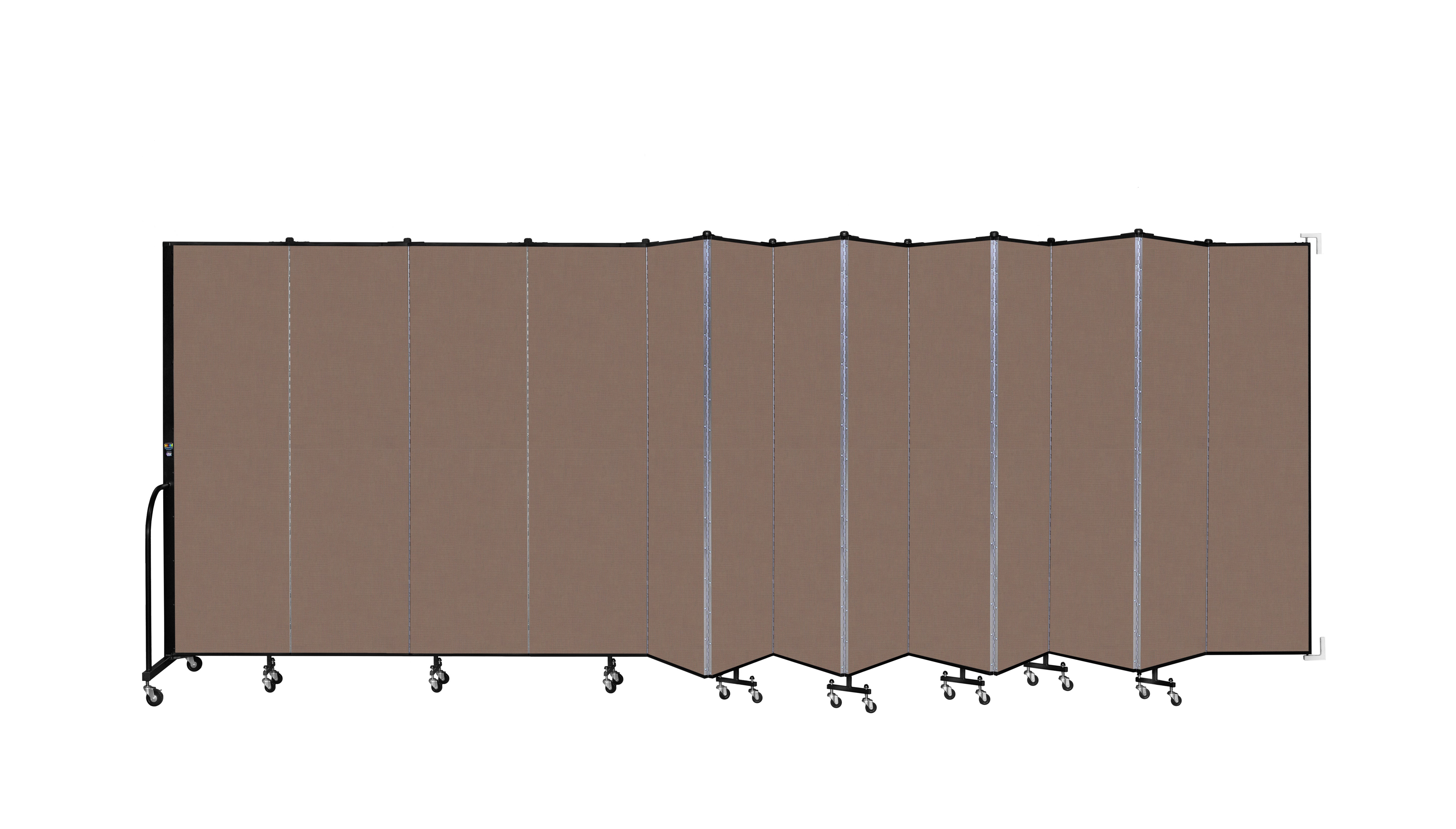 Wallmount Room Divider - 6' 8"H x 23' 10" - 13 Panel, Walnut, Fabric