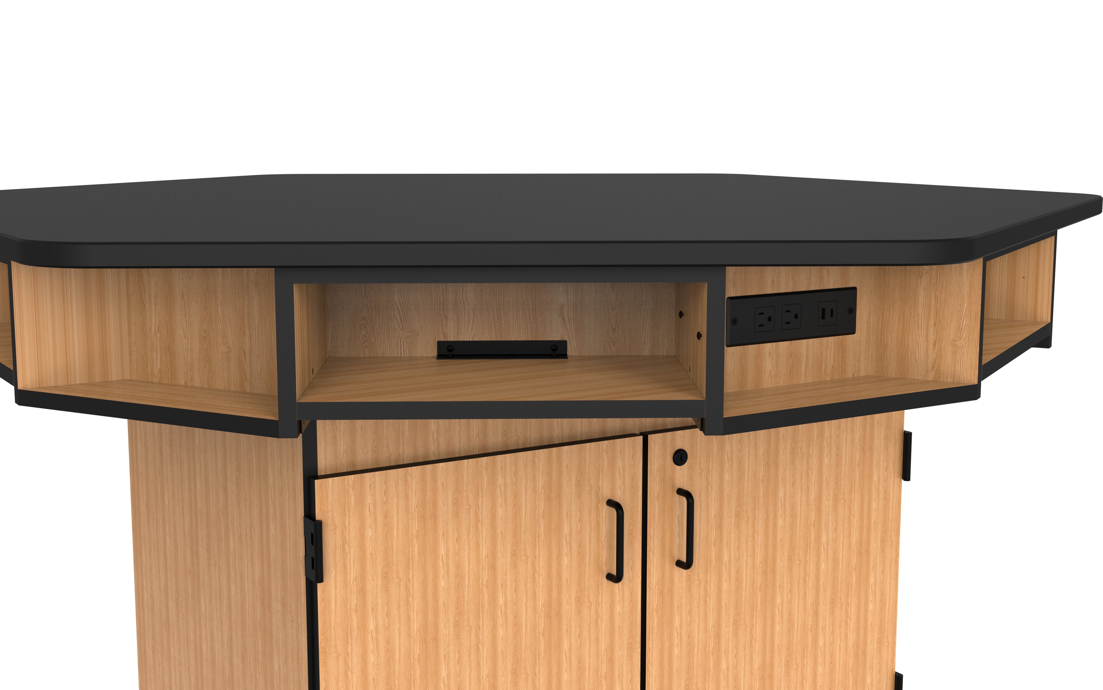 NPS® 6-Person Workstation, Phenolic Top, Cabinet Base, Book Boxes, Power Strips, Surface Color: Black, Cabinet Color: Oak