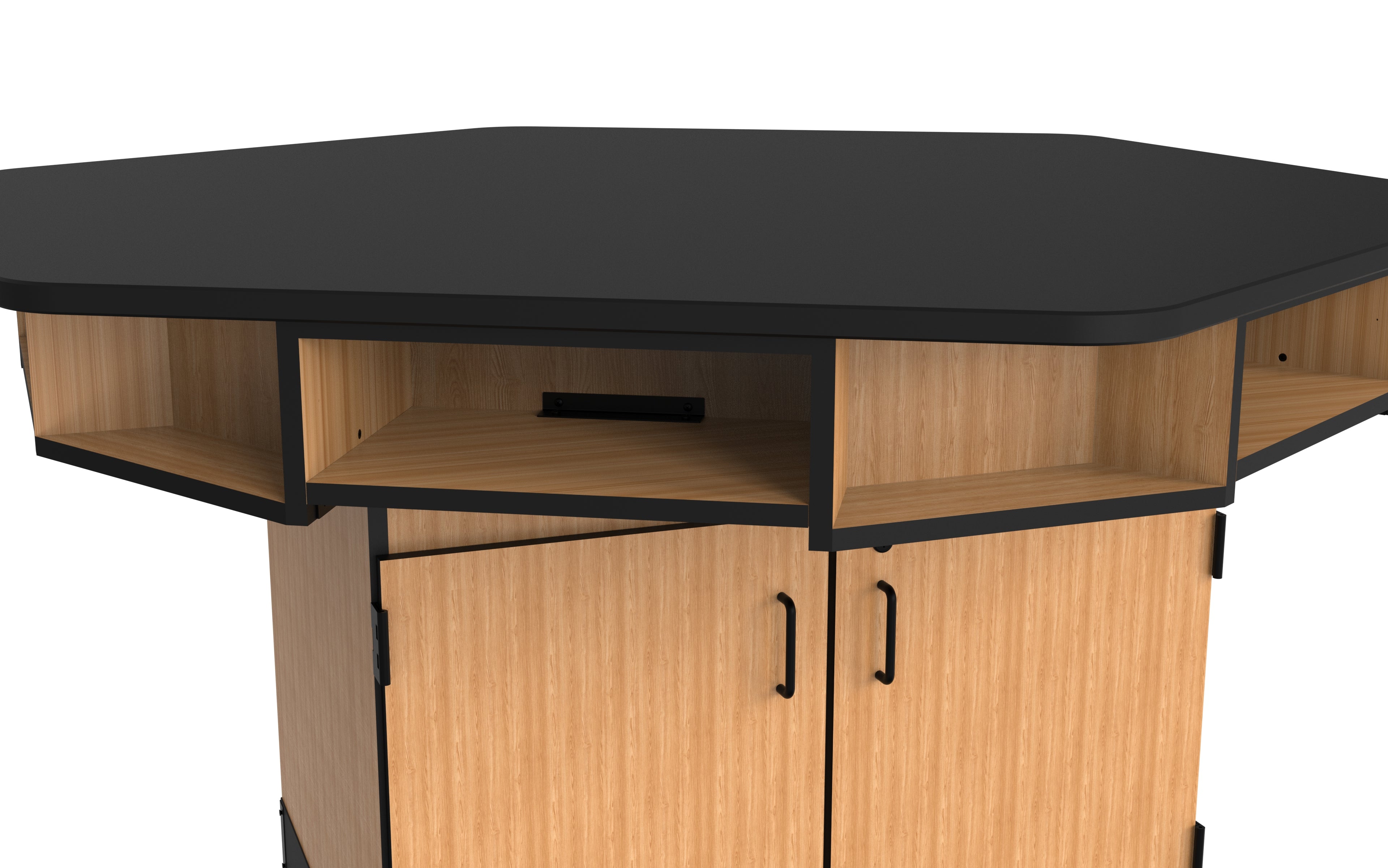 NPS® 6-Person Workstation, Chem-Res Top, Cabinet Base, Book Boxes, Surface Color: Black, Cabinet Color: Oak