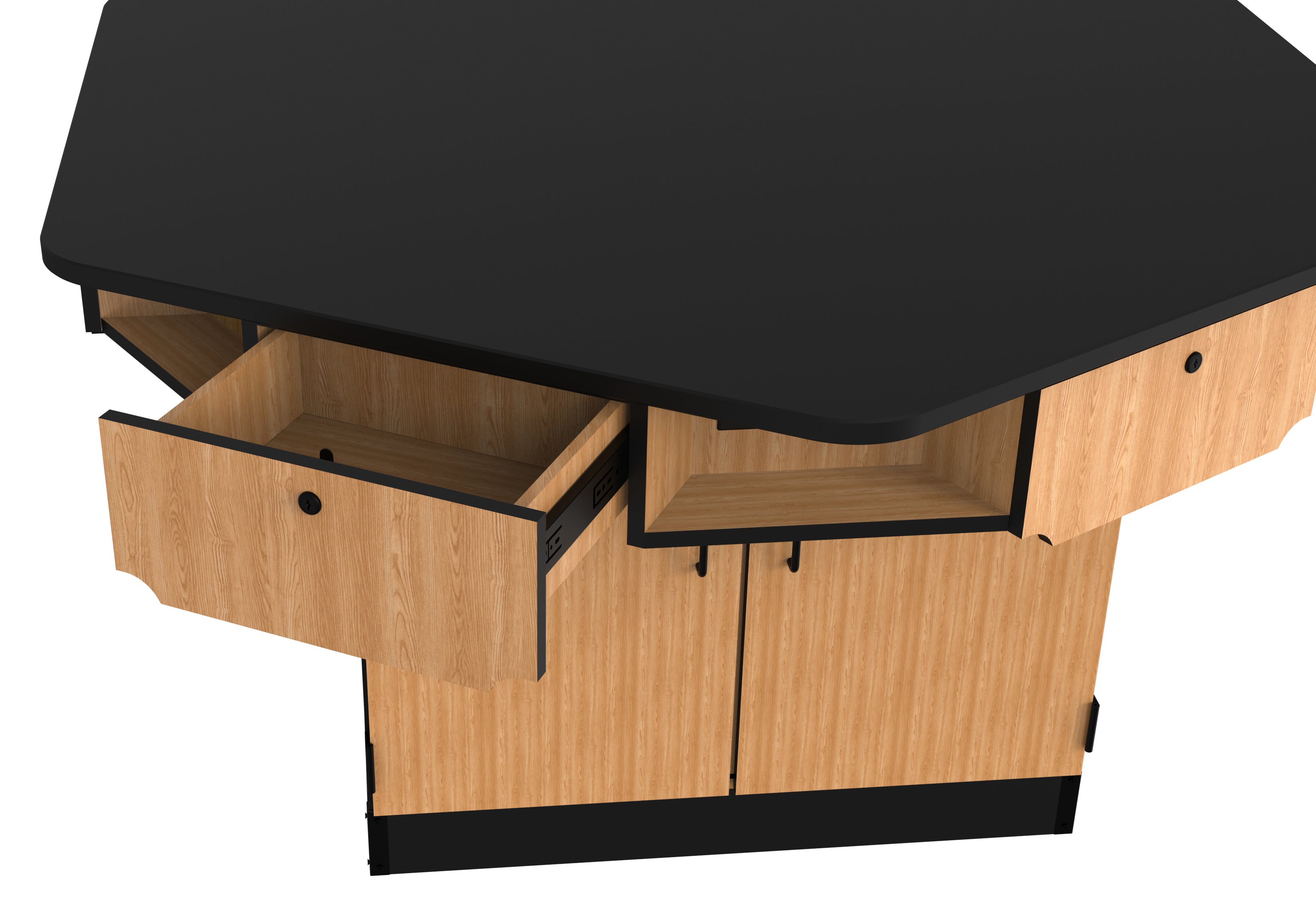NPS® 6-Person Workstation, Chem-Res Top, Cabinet Base, Drawers, Power Strips, Surface Color: Black, Cabinet Color: Oak