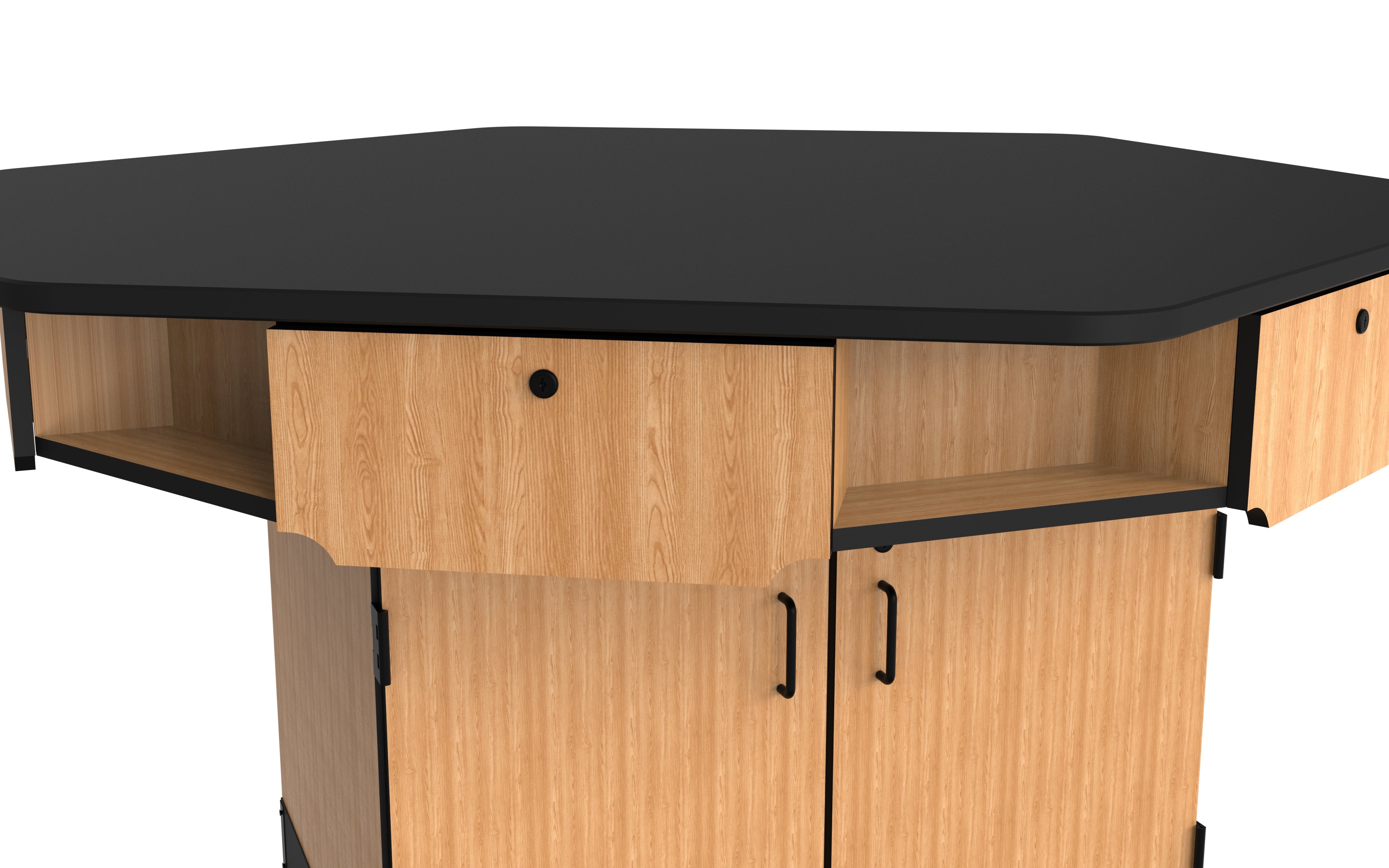 NPS® 6-Person Workstation, Phenolic Top, Cabinet Base, Drawers, Power Strips, Epoxy Sink and Gas Fixtures, Surface Color: Black, Cabinet Color: Oak