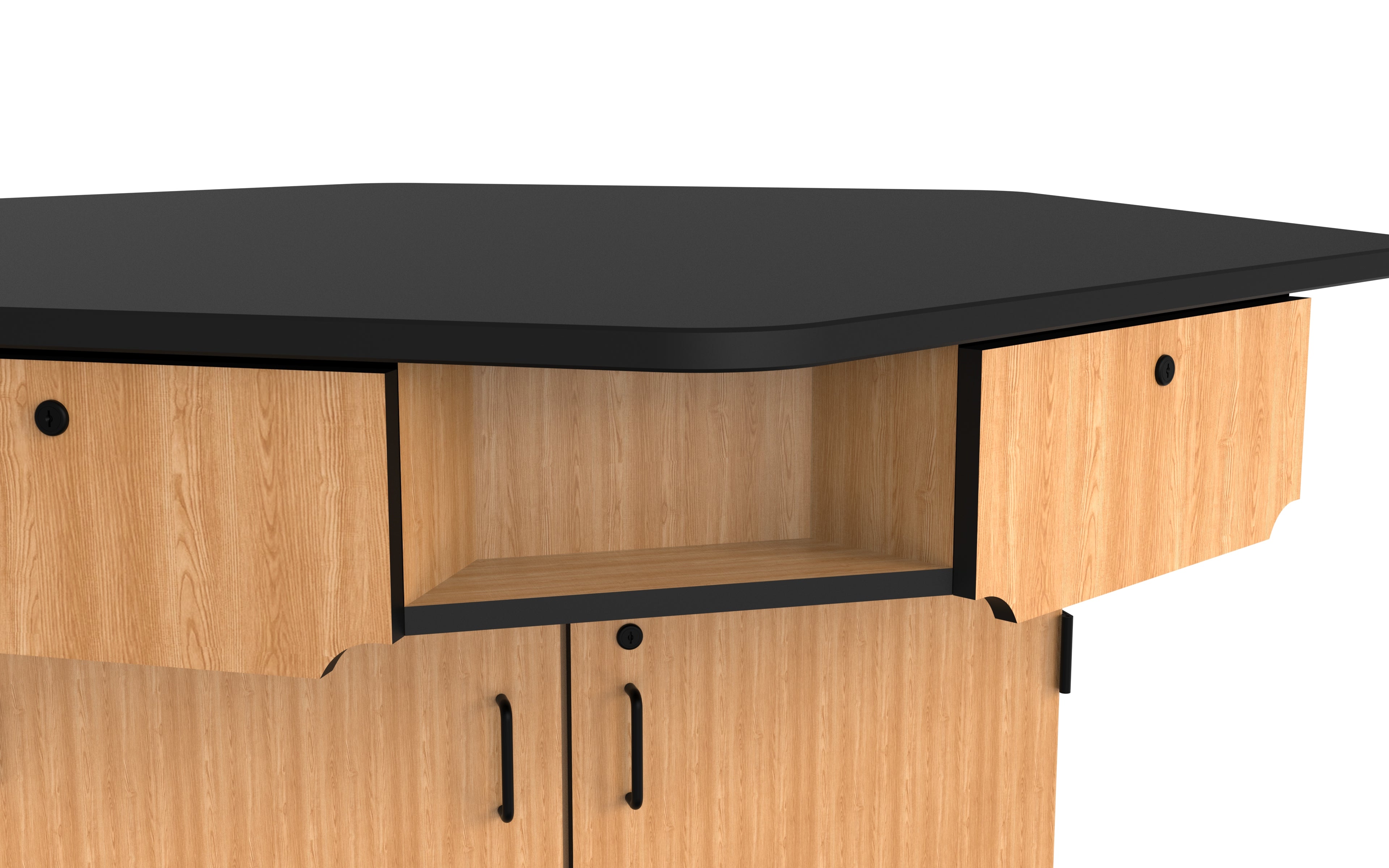 NPS® 6-Person Workstation, Phenolic Top, Cabinet Base, Drawers, Surface Color: Black, Cabinet Color: Oak