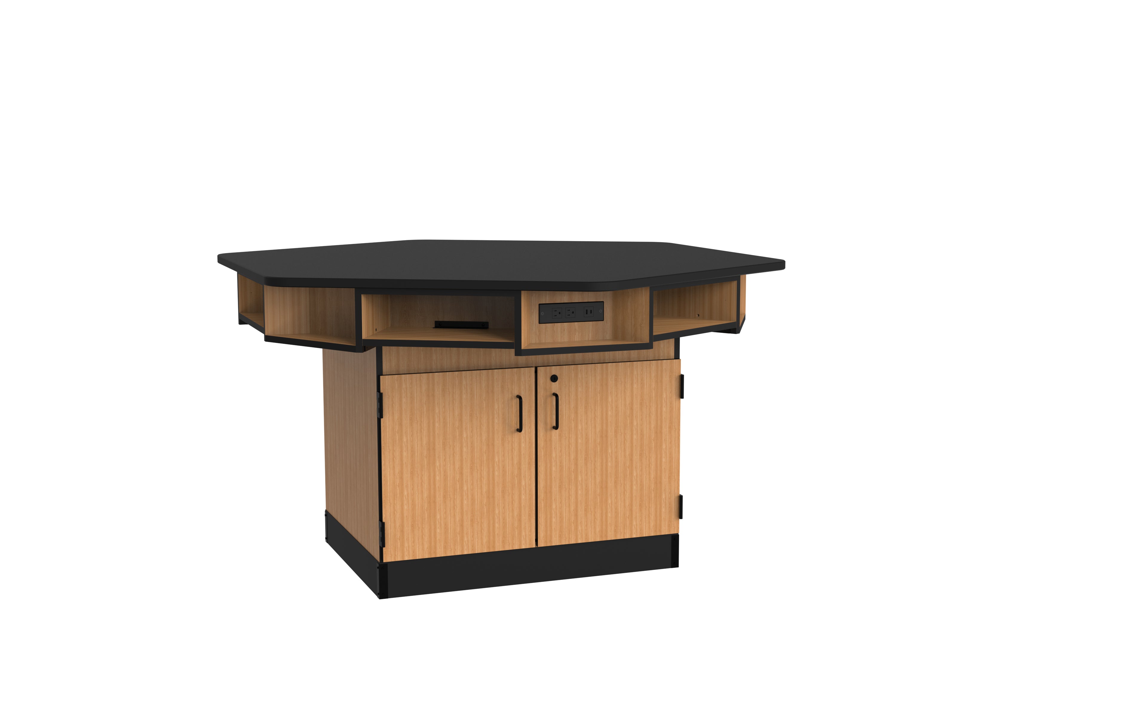 NPS® 6-Person Workstation, Epoxy Top, Cabinet Base, Book Boxes, Power Strips, Surface Color: Black, Cabinet Color: Oak