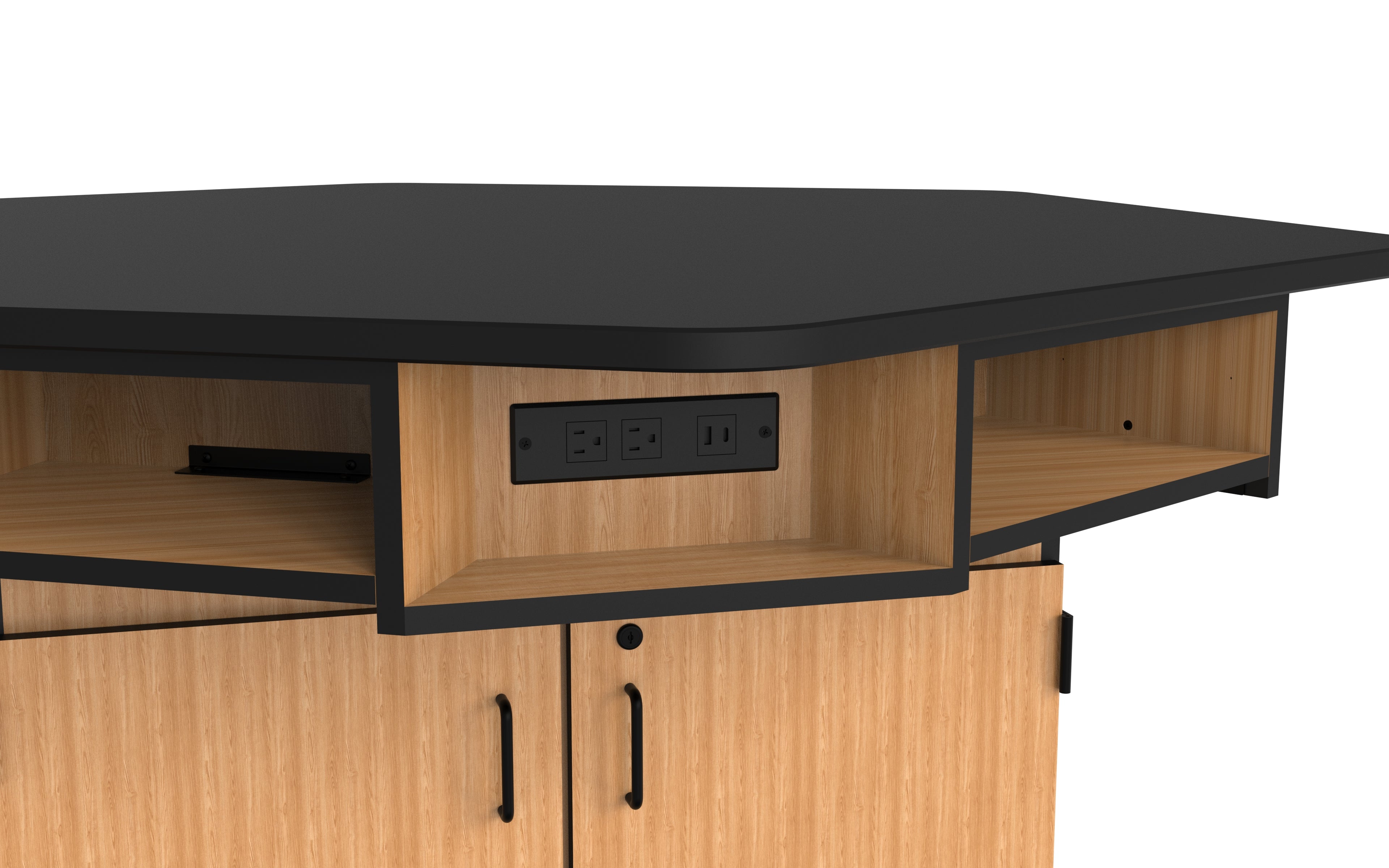 NPS® 6-Person Workstation, Epoxy Top, Cabinet Base, Book Boxes, Power Strips, Surface Color: Black, Cabinet Color: Oak