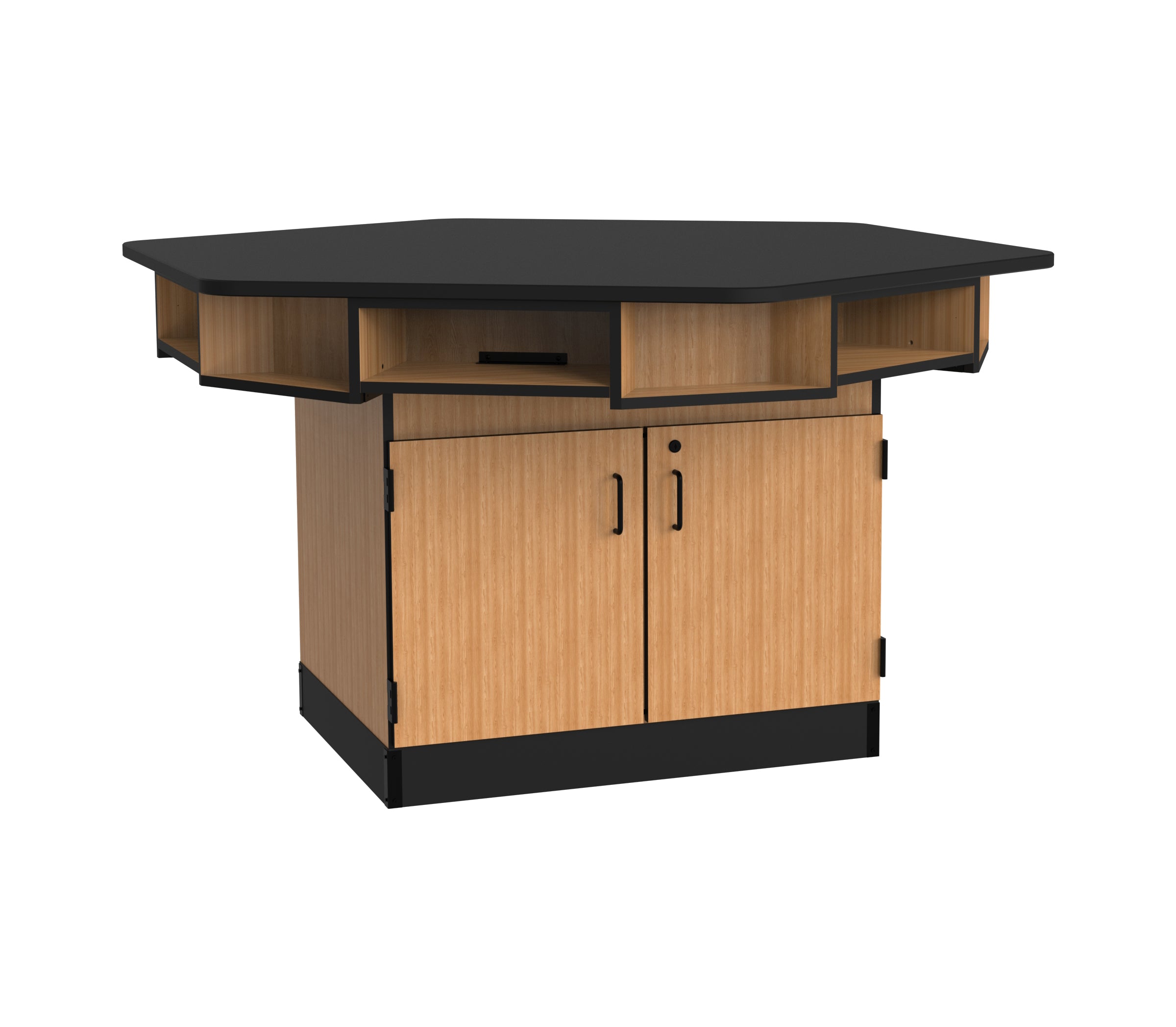 NPS® 6-Person Workstation, Epoxy Top, Cabinet Base, Book Boxes, Surface Color: Black, Cabinet Color: Oak