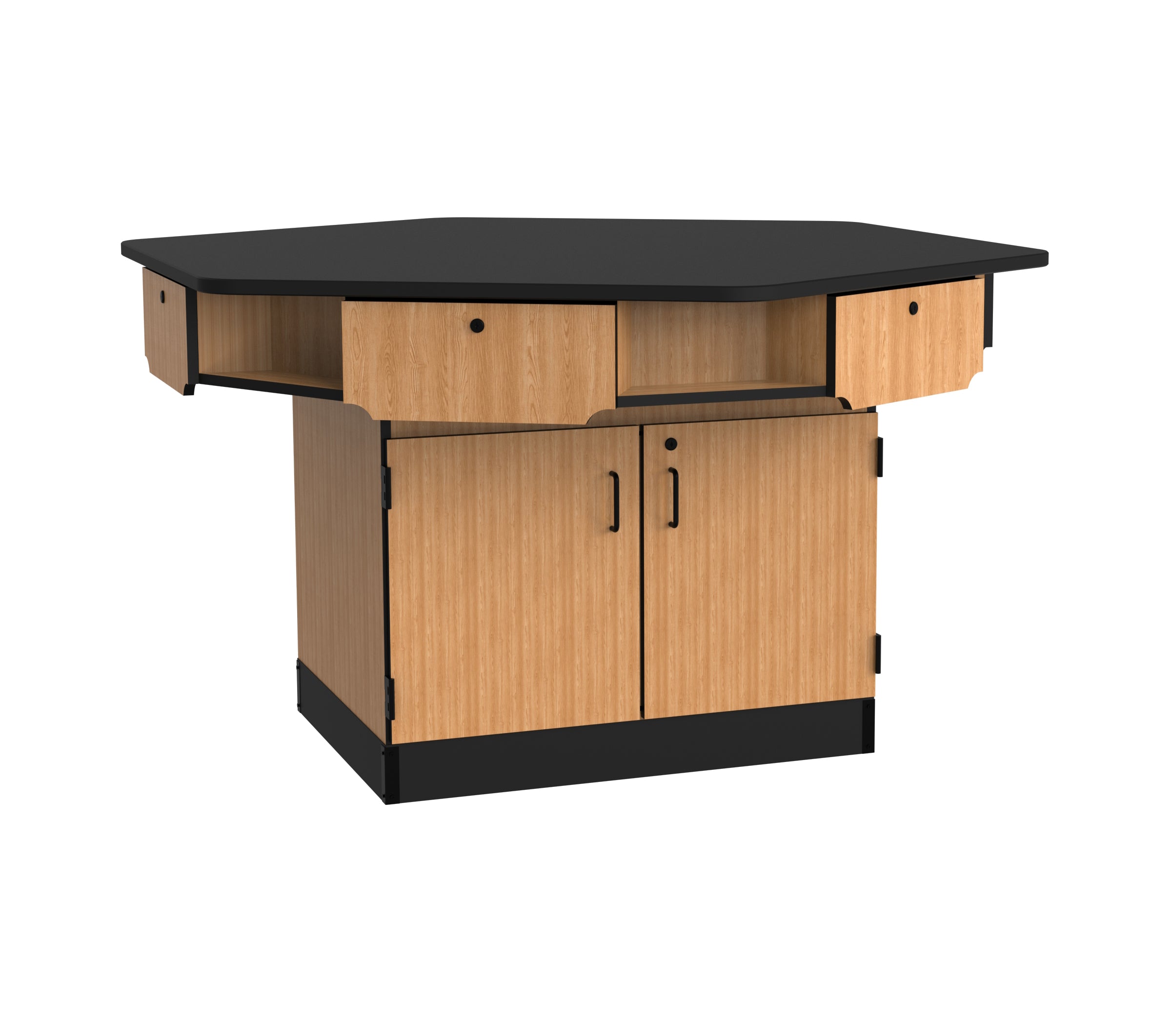 NPS® 6-Person Workstation, Epoxy Top, Cabinet Base, Drawers, Surface Color: Black, Cabinet Color: Oak