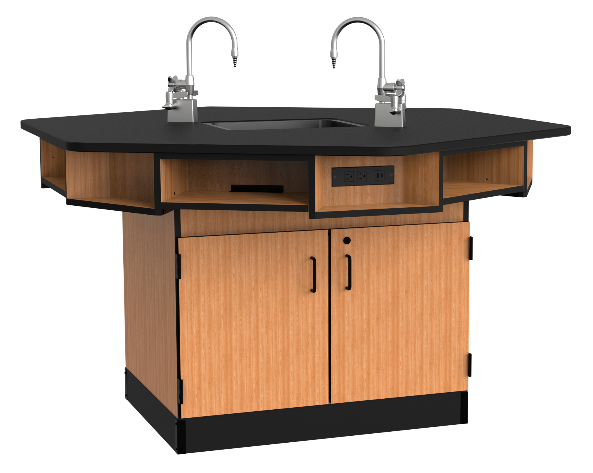 NPS® 6-Person Workstation, Epoxy Top, Cabinet Base, Book Boxes, Power Strips, Epoxy Sink and Gas Fixtures, Surface Color: Black, Cabinet Color: Oak