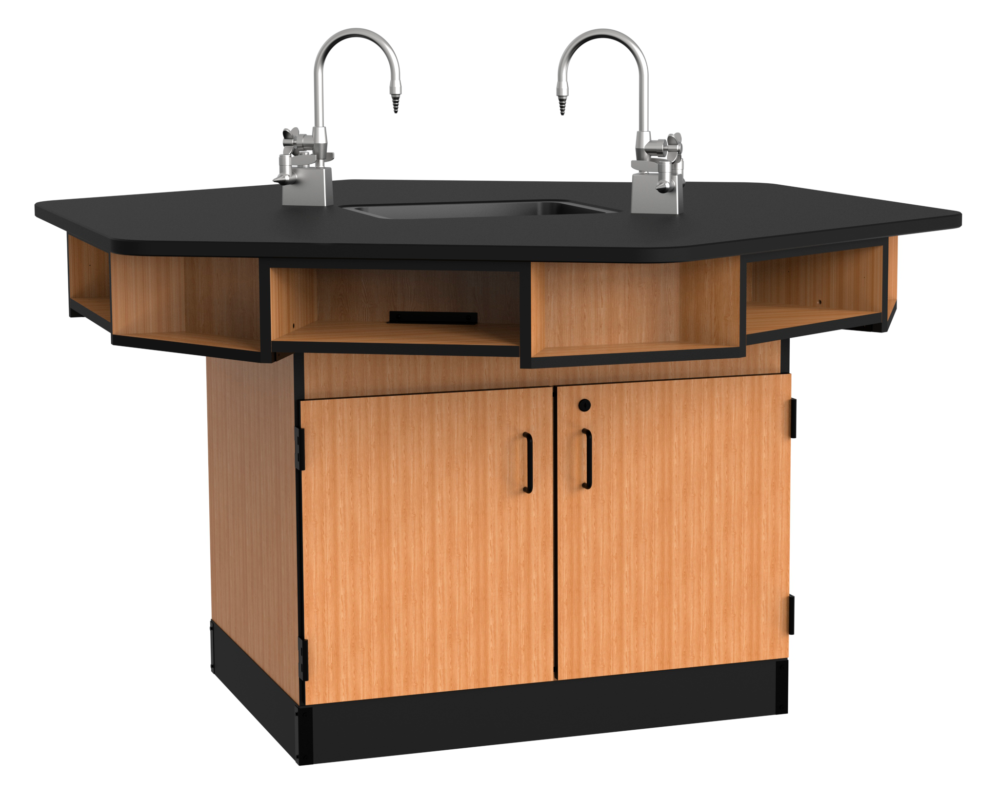 NPS® 6-Person Workstation, Phenolic Top, Cabinet Base, Book Boxes, Epoxy Sink and Gas Fixtures, Surface Color: Black, Cabinet Color: Oak
