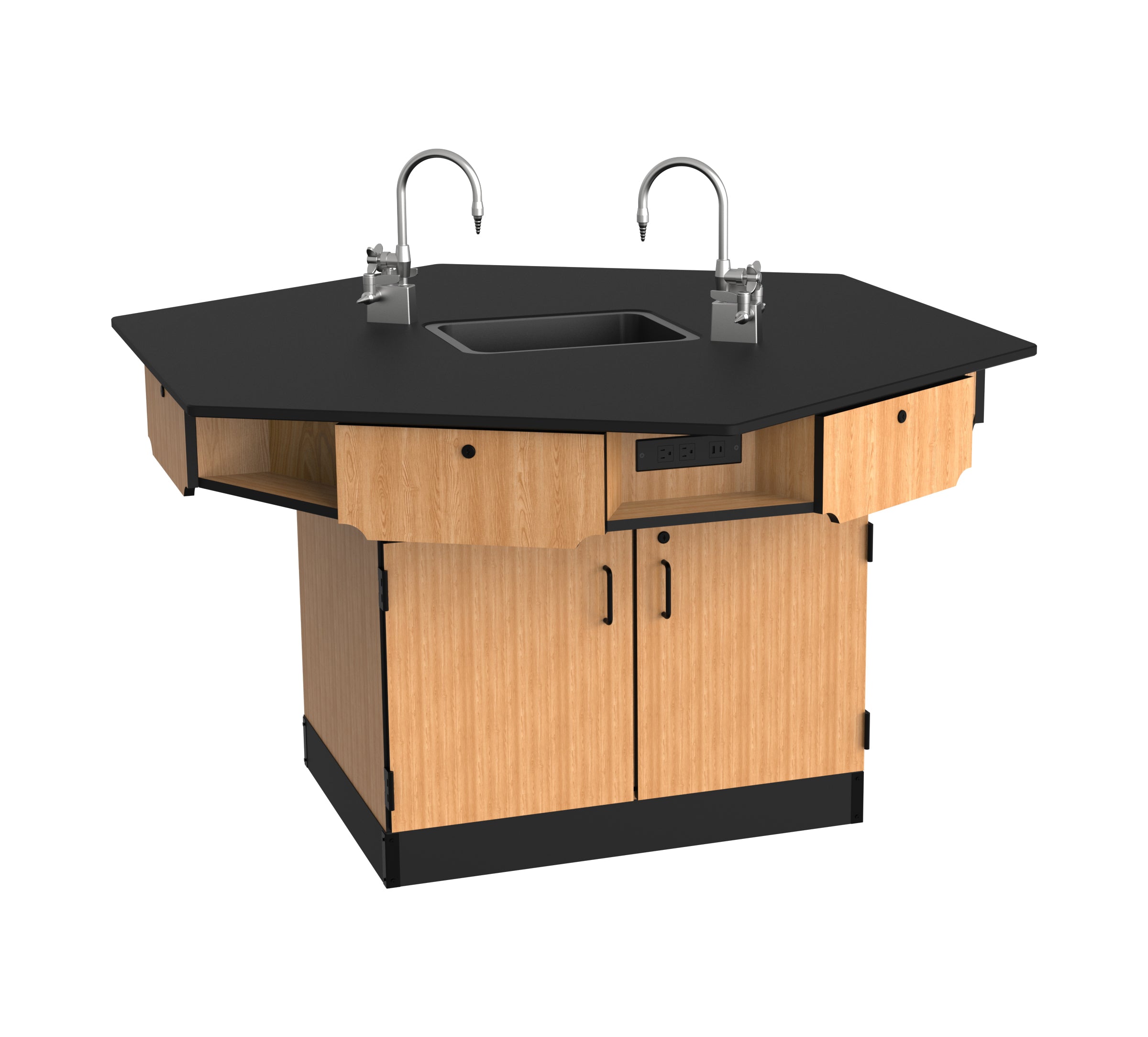 NPS® 6-Person Workstation, Phenolic Top, Cabinet Base, Drawers, Power Strips, Epoxy Sink and Gas Fixtures, Surface Color: Black, Cabinet Color: Oak