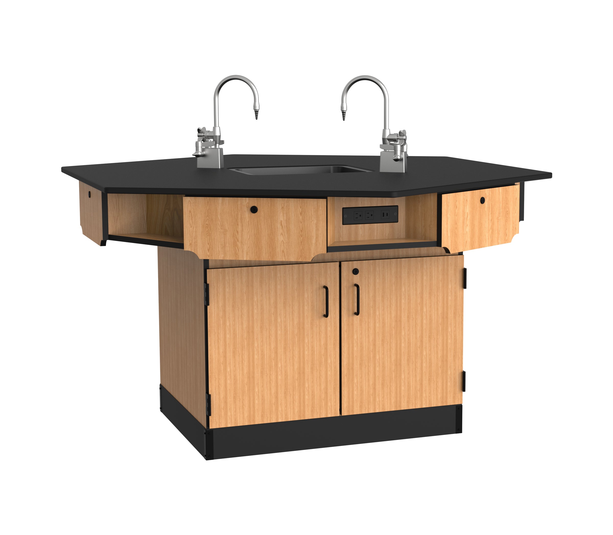 NPS® 6-Person Workstation, Phenolic Top, Cabinet Base, Drawers, Power Strips, Epoxy Sink and Gas Fixtures, Surface Color: Black, Cabinet Color: Oak