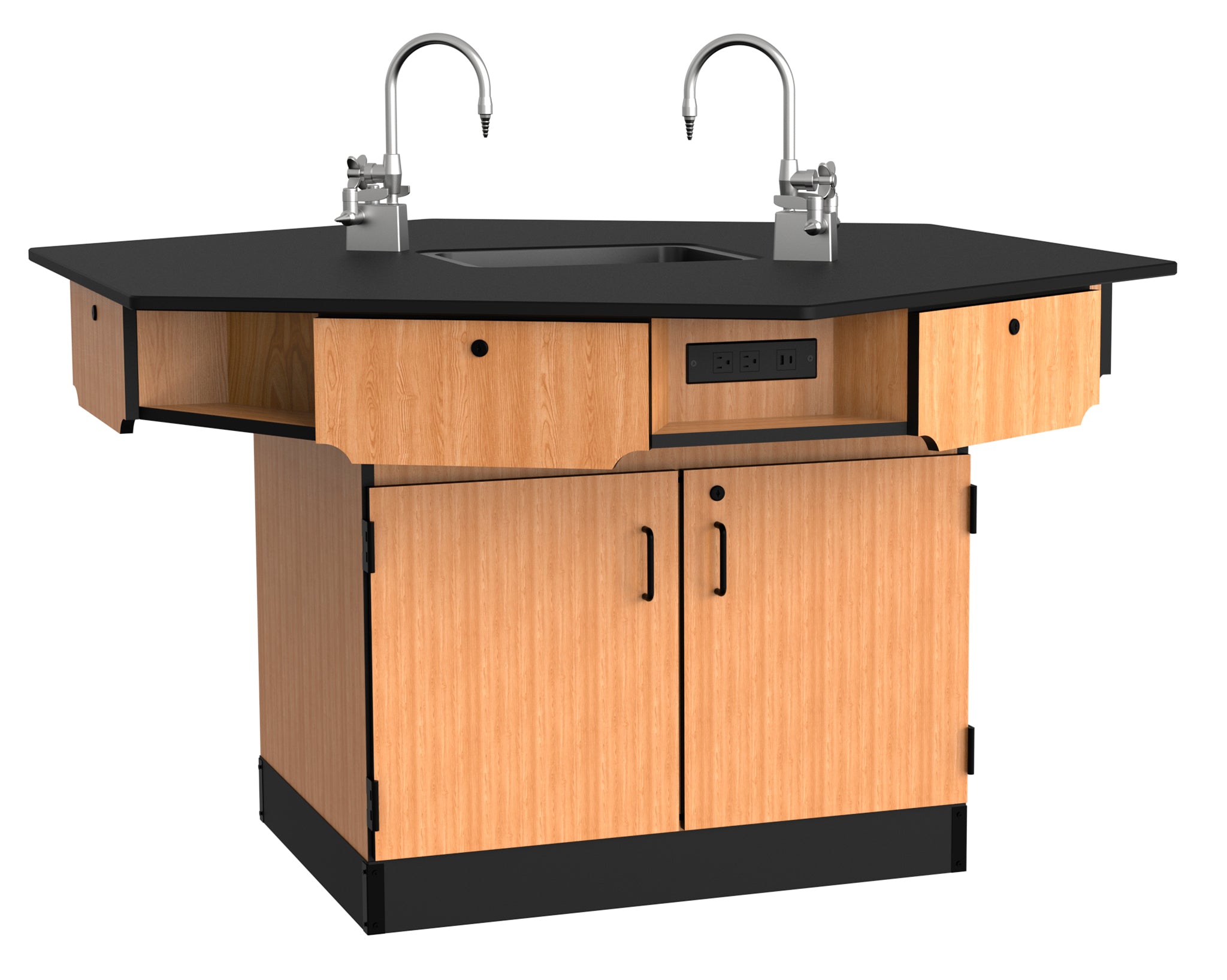 NPS® 6-Person Workstation, Epoxy Top, Cabinet Base, Drawers, Power Strips, Epoxy Sink and Gas Fixtures, Surface Color: Black, Cabinet Color: Oak