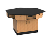 NPS® 6-Person Workstation, Phenolic Top, Cabinet Base, Drawers, Power Strips, Surface Color: Black, Cabinet Color: Oak