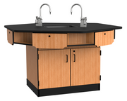 NPS® 6-Person Workstation, Epoxy Top, Cabinet Base, Drawers, Epoxy Sink and Gas Fixtures, Surface Color: Black, Cabinet Color: Oak