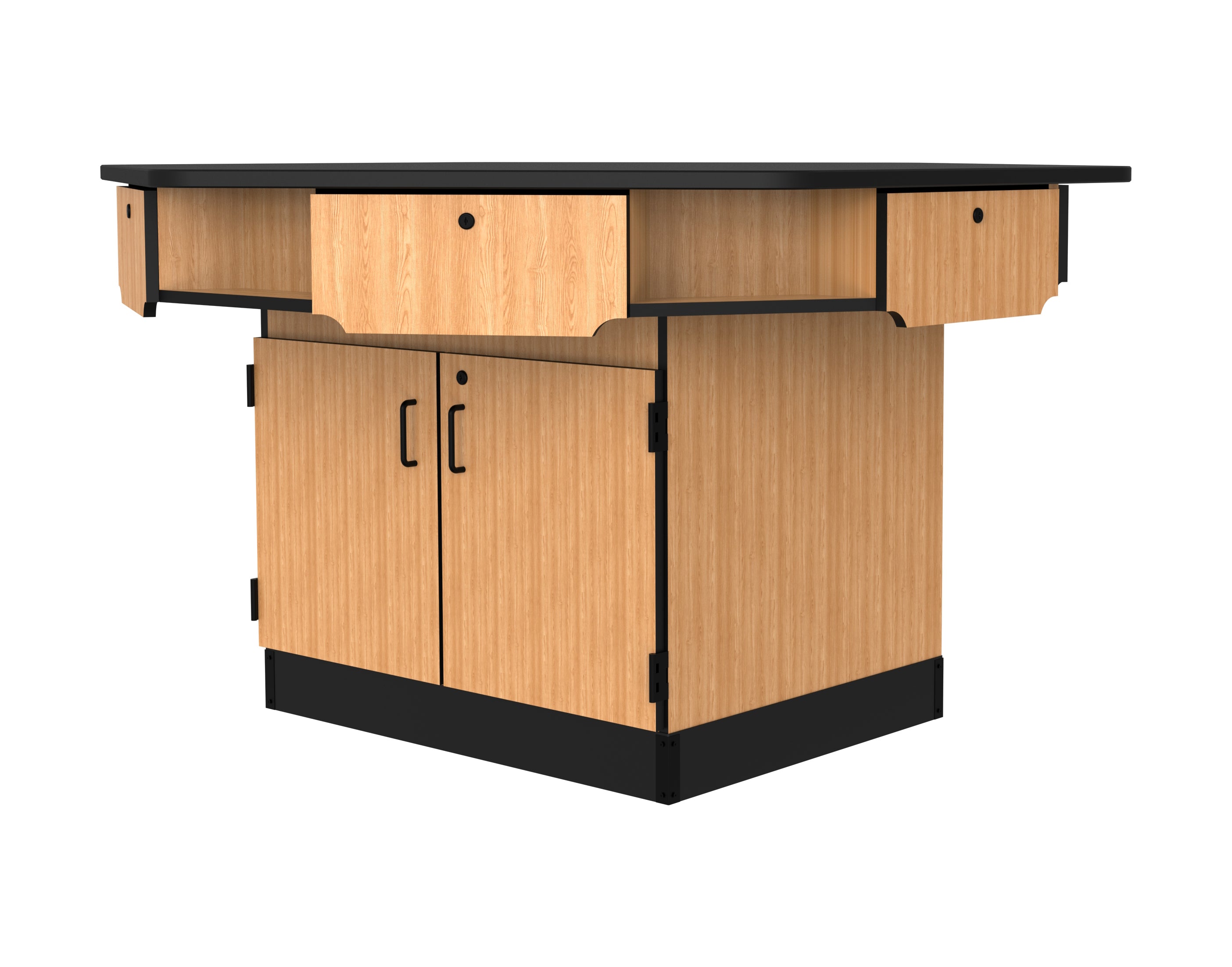 NPS® 6-Person Workstation, Chem-Res Top, Cabinet Base, Drawers, Surface Color: Black, Cabinet Color: Oak