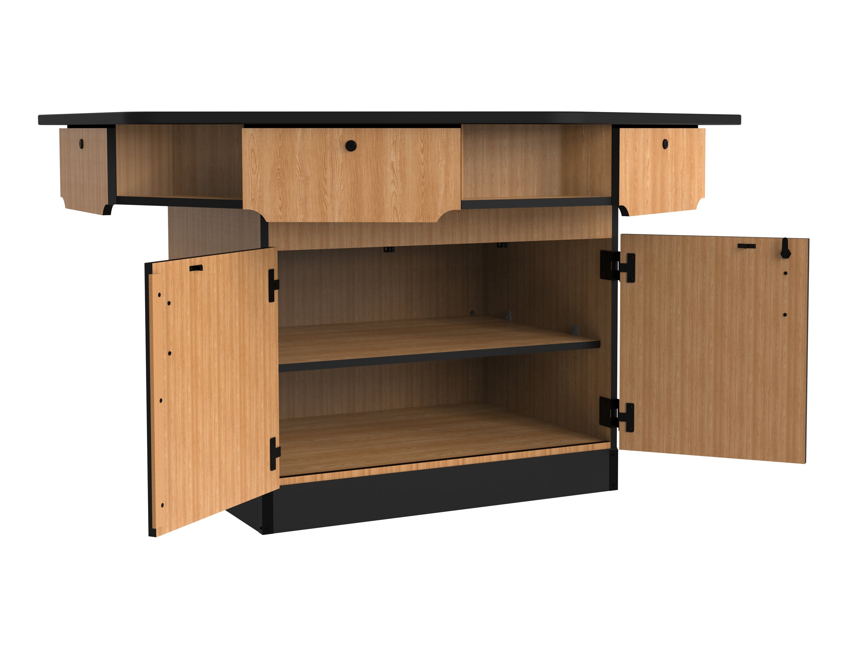 NPS® 6-Person Workstation, Chem-Res Top, Cabinet Base, Drawers, Surface Color: Black, Cabinet Color: Oak