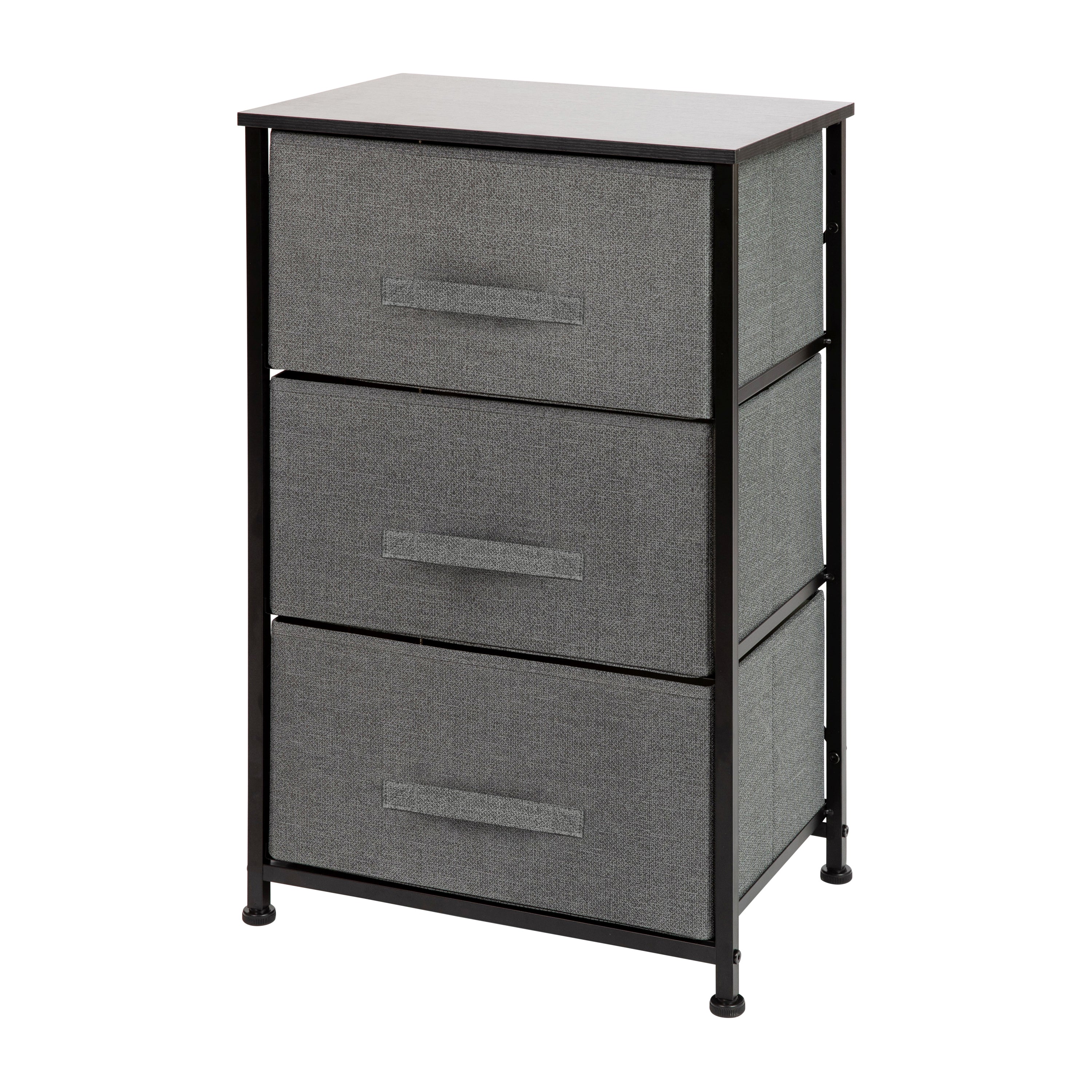 Harris 3 Drawer Wood Top Black Cast Iron Frame Vertical Storage Dresser with Dark Gray Easy Pull Fabric Drawers