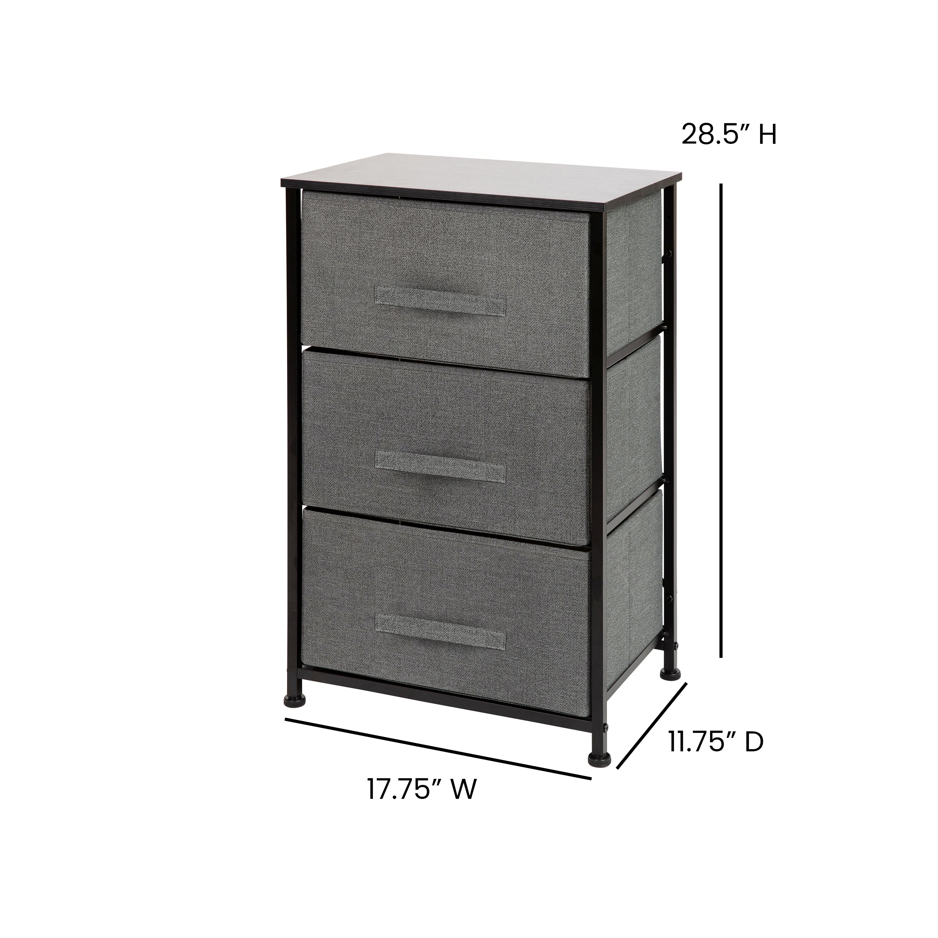 Harris 3 Drawer Wood Top Black Cast Iron Frame Vertical Storage Dresser with Dark Gray Easy Pull Fabric Drawers