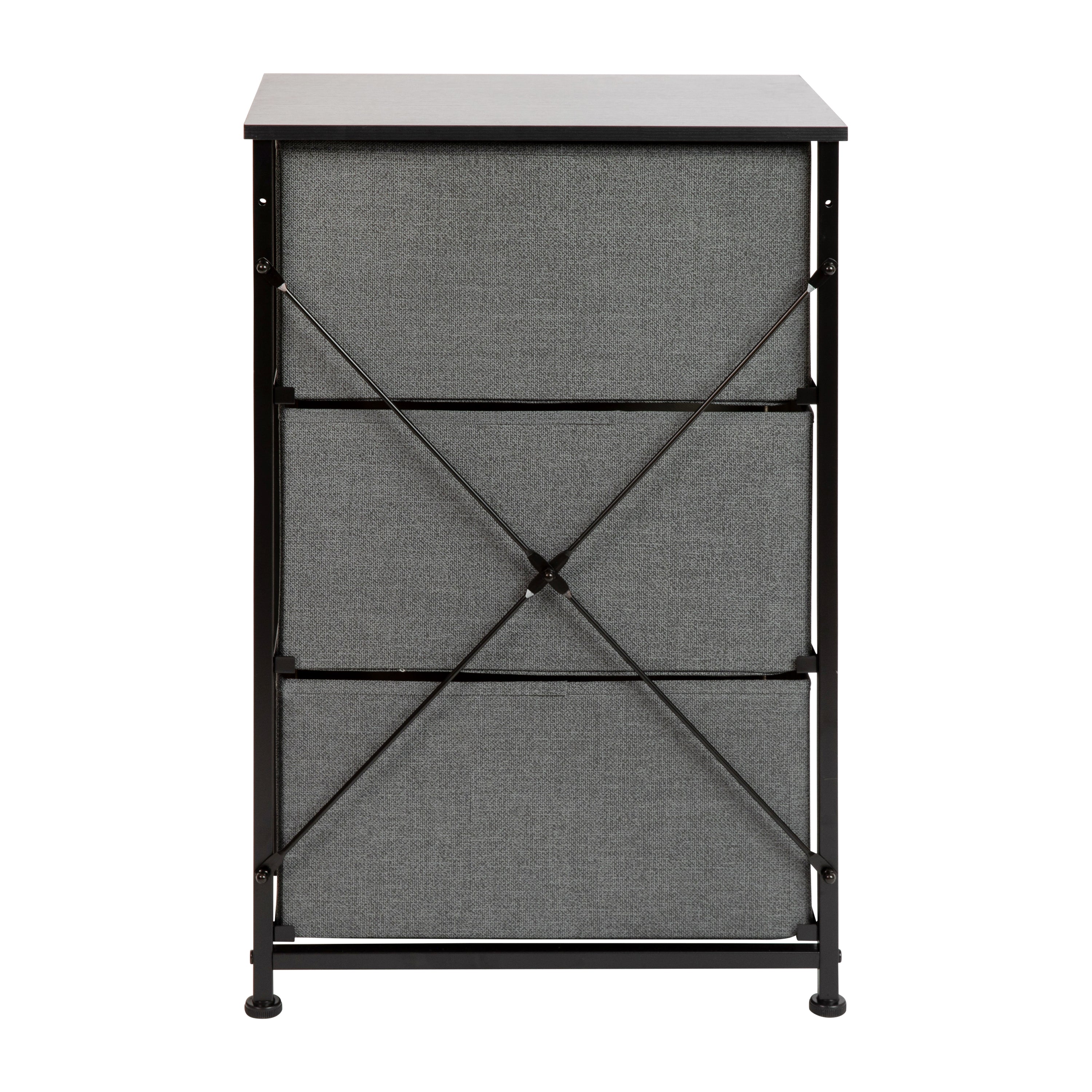 Harris 3 Drawer Wood Top Black Cast Iron Frame Vertical Storage Dresser with Dark Gray Easy Pull Fabric Drawers