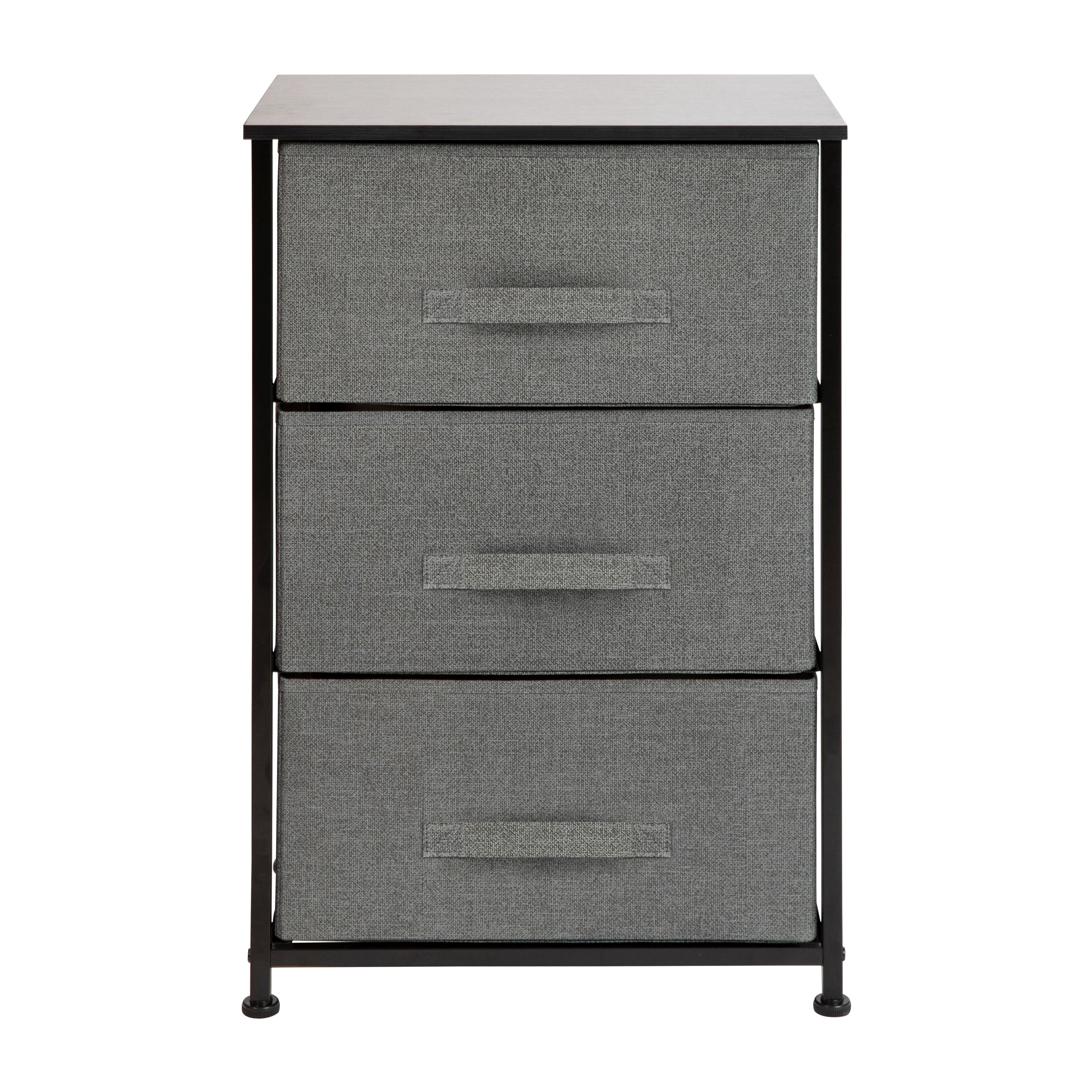 Harris 3 Drawer Wood Top Black Cast Iron Frame Vertical Storage Dresser with Dark Gray Easy Pull Fabric Drawers