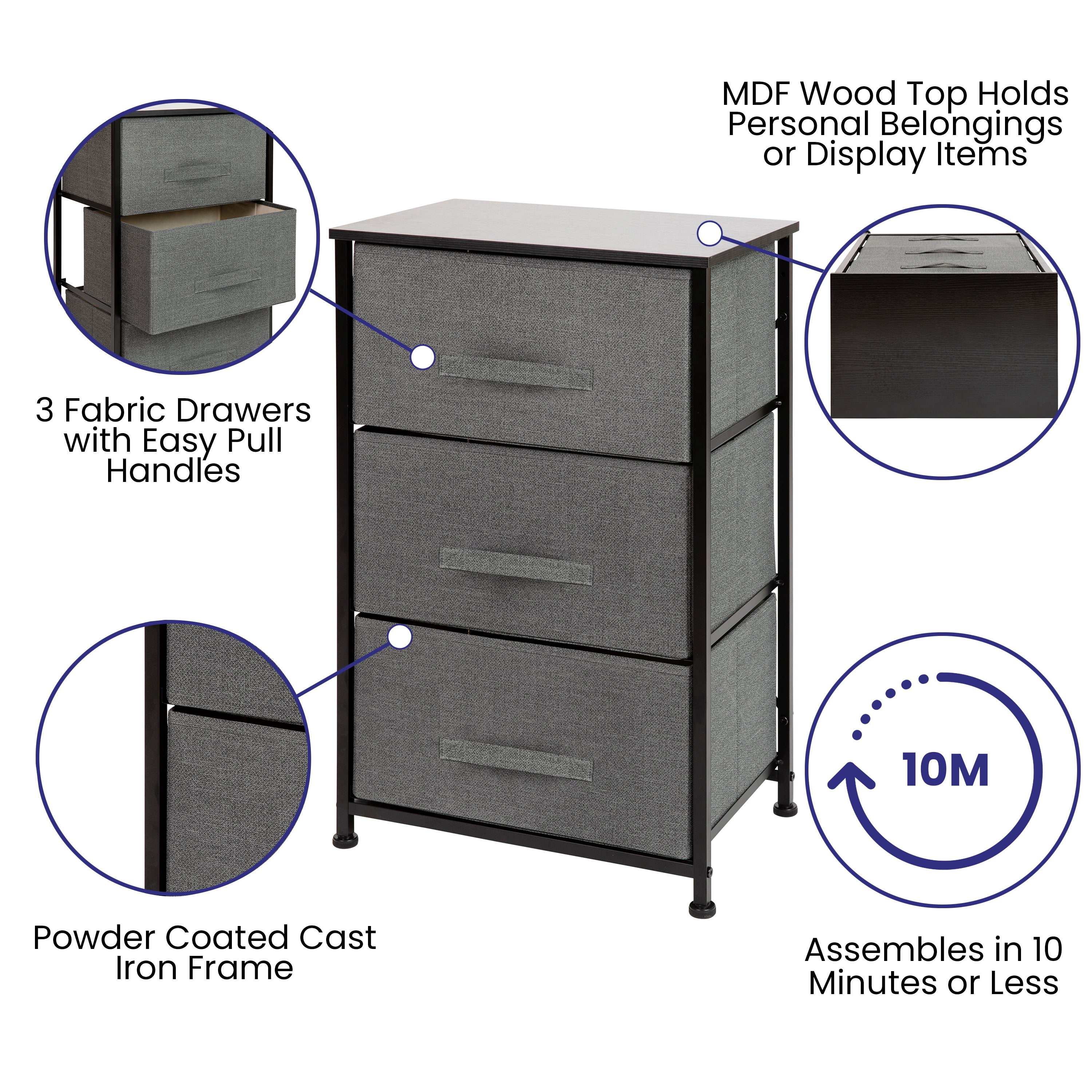 Harris 3 Drawer Wood Top Black Cast Iron Frame Vertical Storage Dresser with Dark Gray Easy Pull Fabric Drawers
