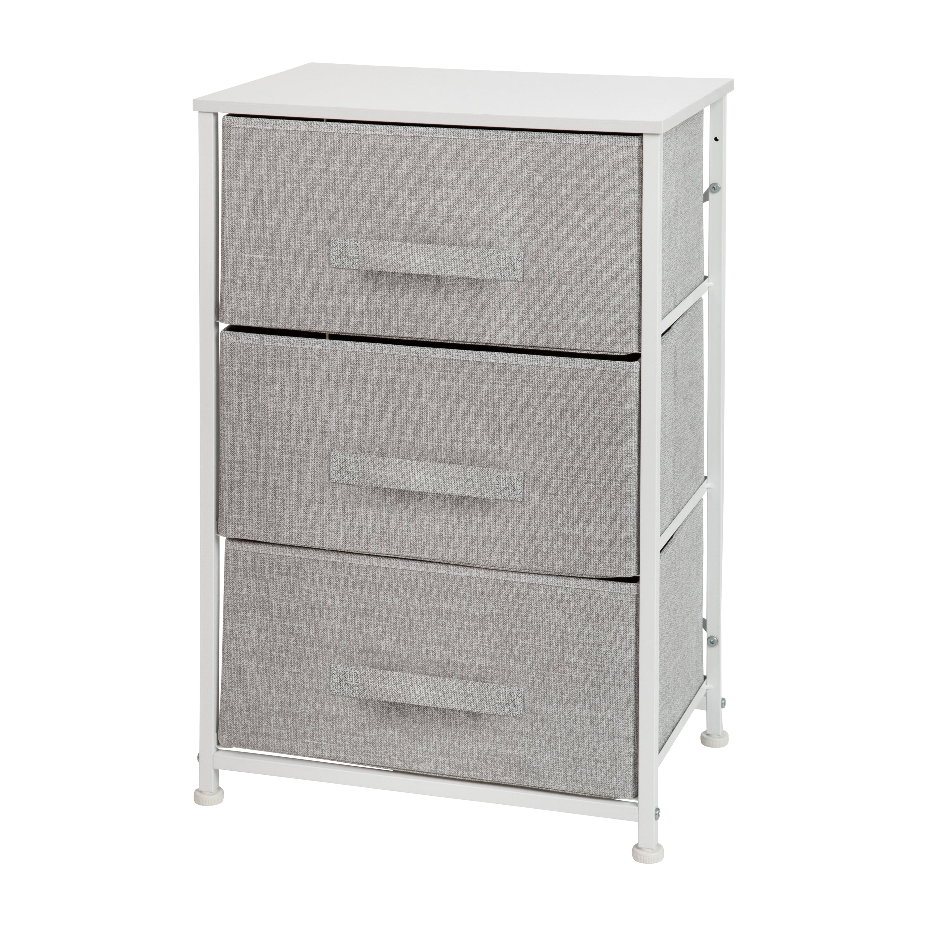 Harris 3 Drawer Wood Top White Cast Iron Frame Vertical Storage Dresser with Light Gray Easy Pull Fabric Drawers