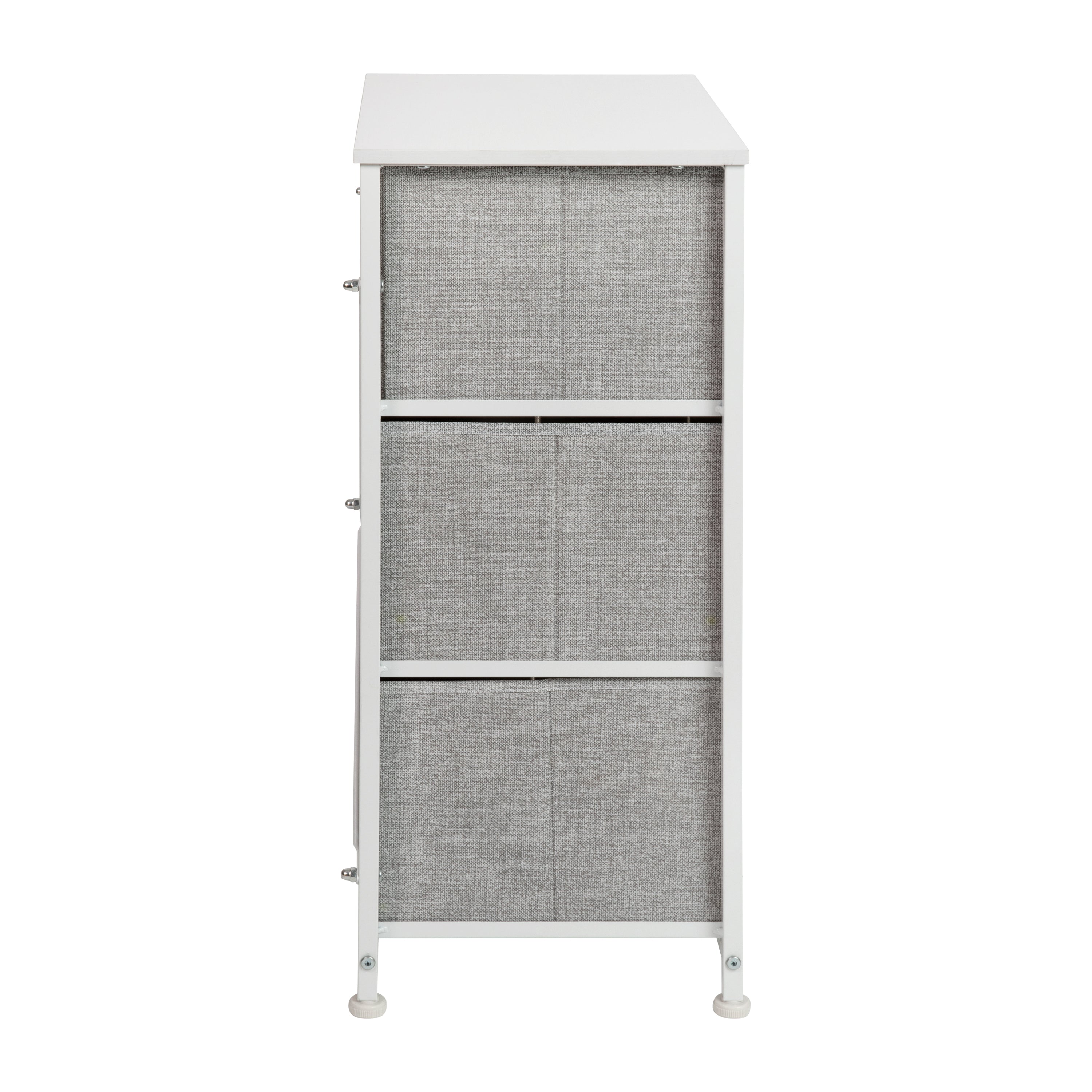 Harris 3 Drawer Wood Top White Cast Iron Frame Vertical Storage Dresser with Light Gray Easy Pull Fabric Drawers
