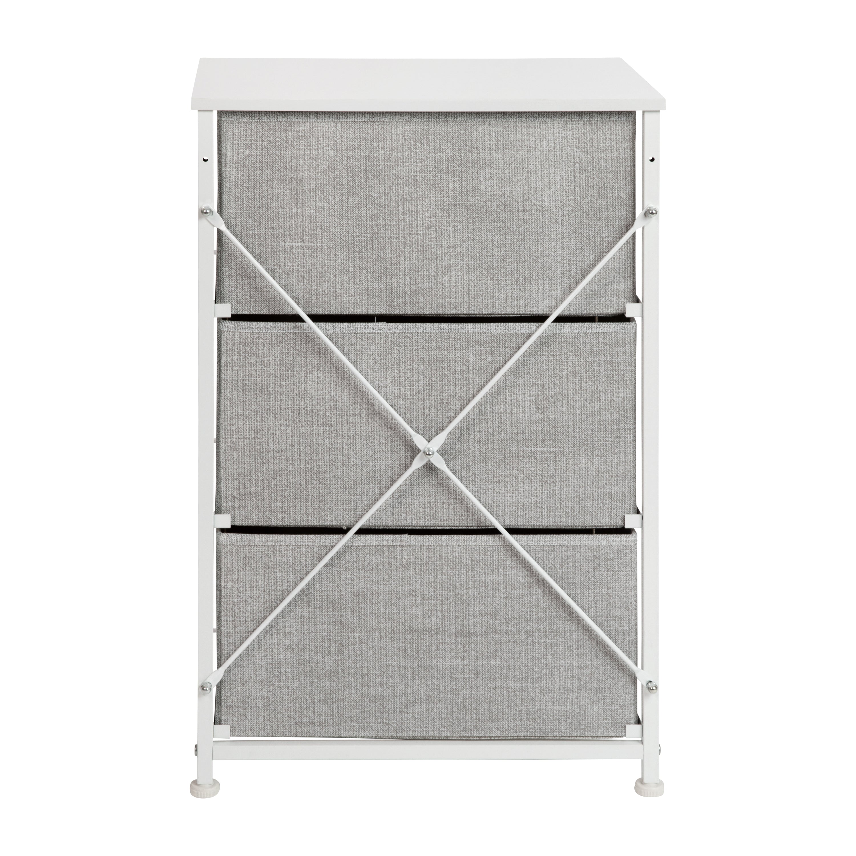 Harris 3 Drawer Wood Top White Cast Iron Frame Vertical Storage Dresser with Light Gray Easy Pull Fabric Drawers