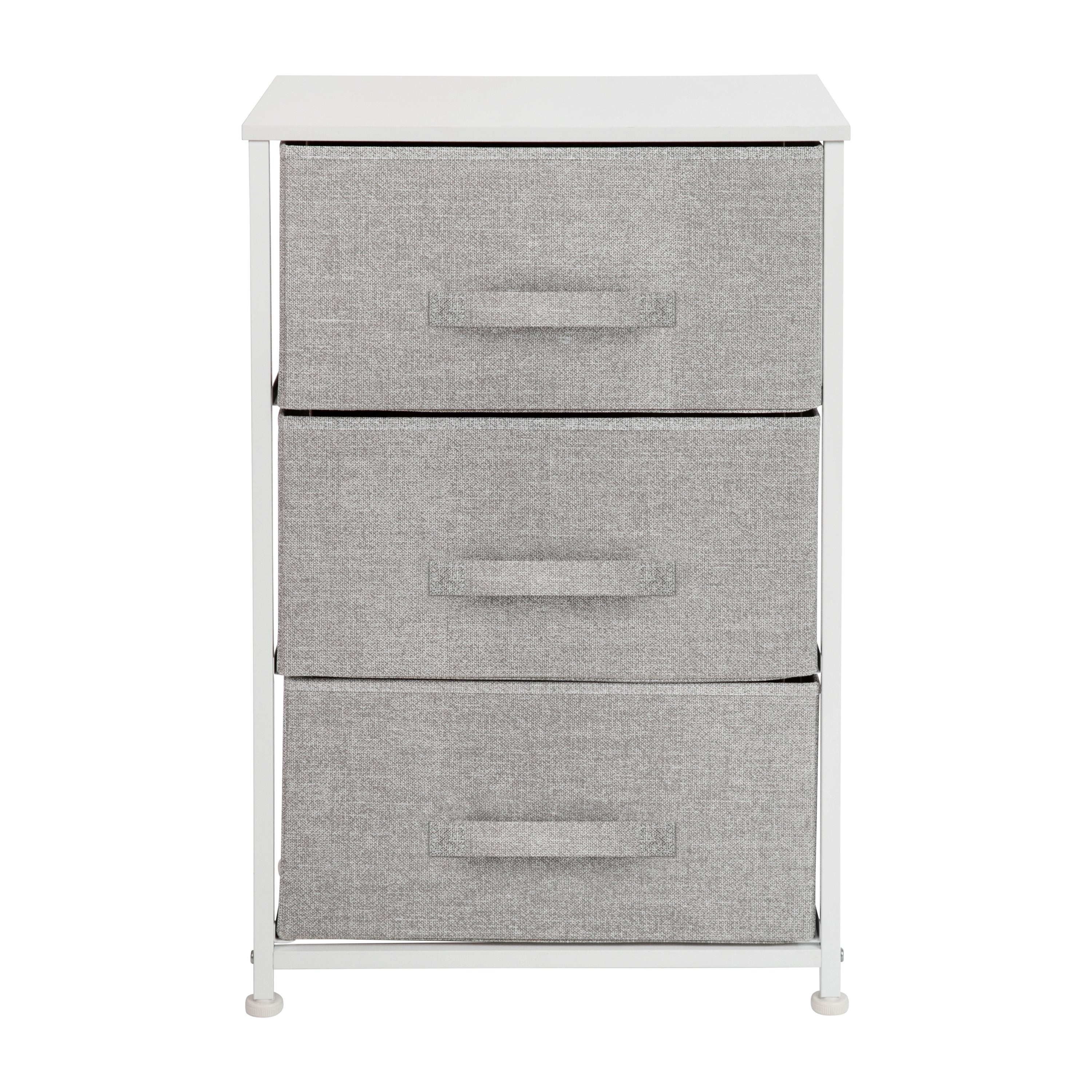 Harris 3 Drawer Wood Top White Cast Iron Frame Vertical Storage Dresser with Light Gray Easy Pull Fabric Drawers