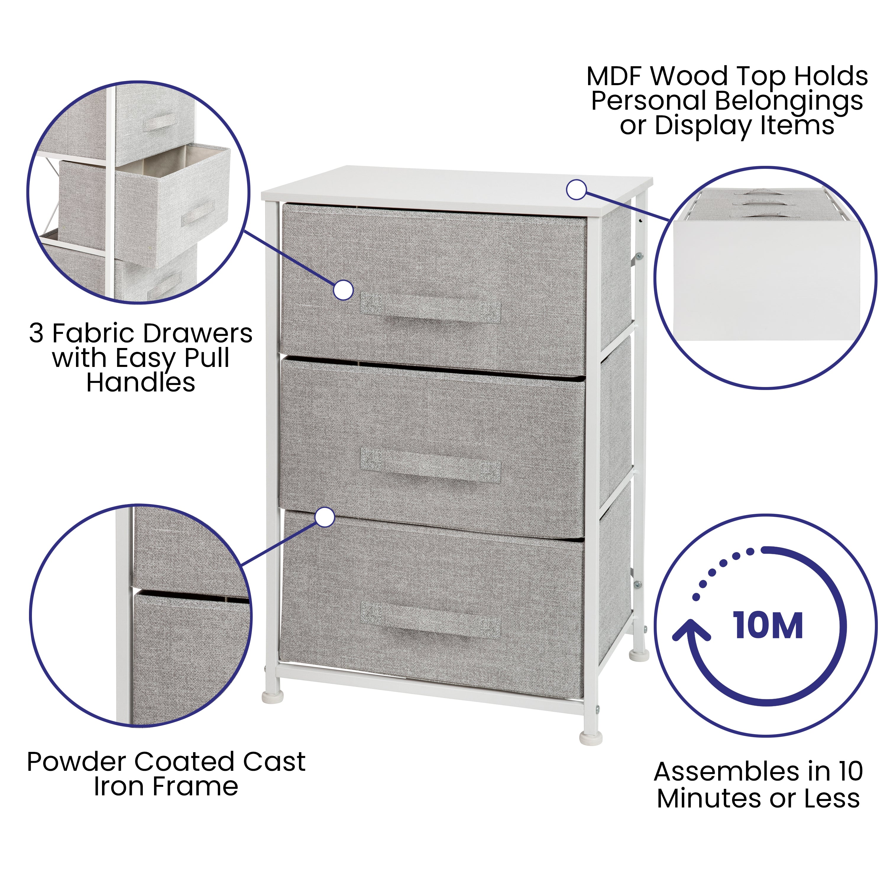 Harris 3 Drawer Wood Top White Cast Iron Frame Vertical Storage Dresser with Light Gray Easy Pull Fabric Drawers