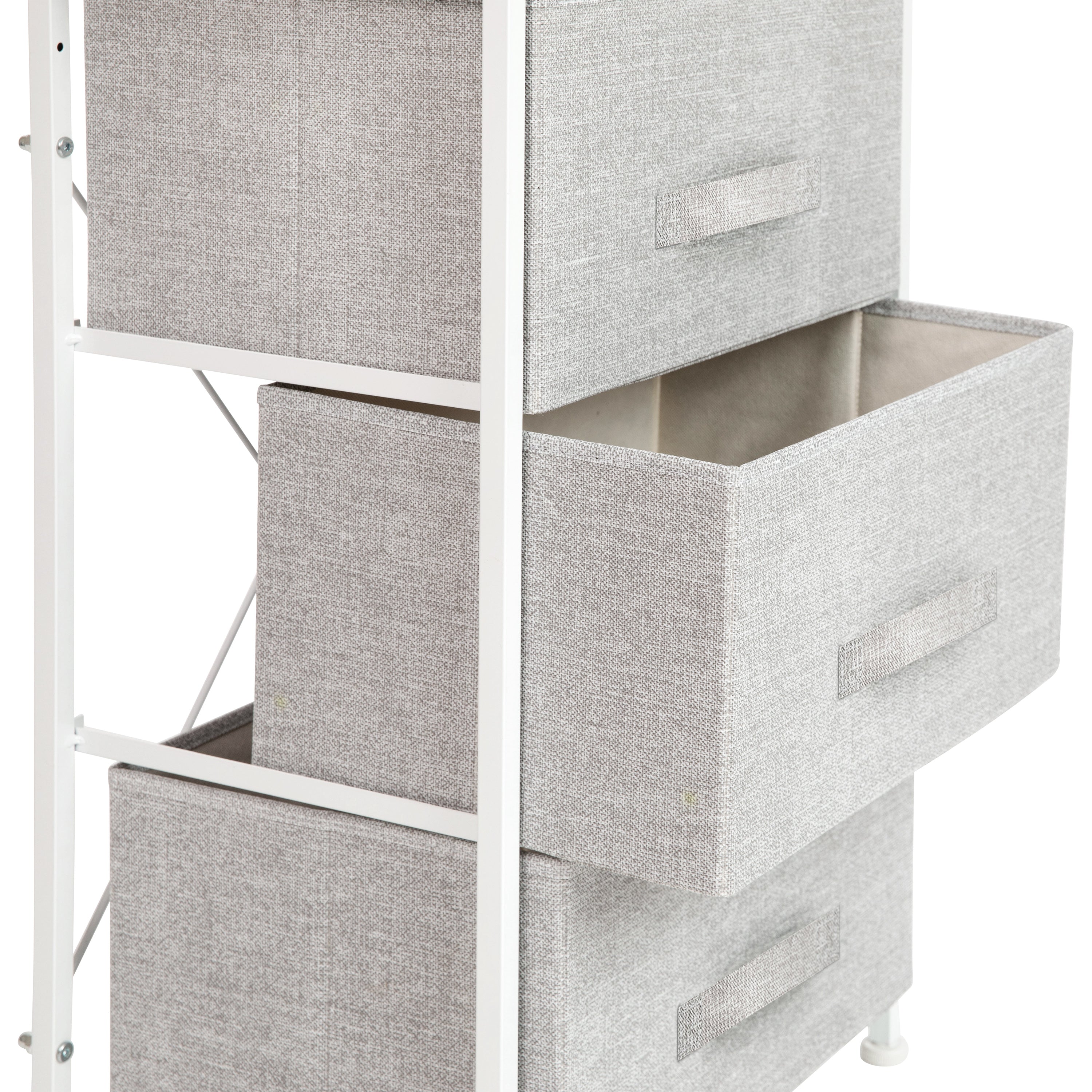 Harris 3 Drawer Wood Top White Cast Iron Frame Vertical Storage Dresser with Light Gray Easy Pull Fabric Drawers
