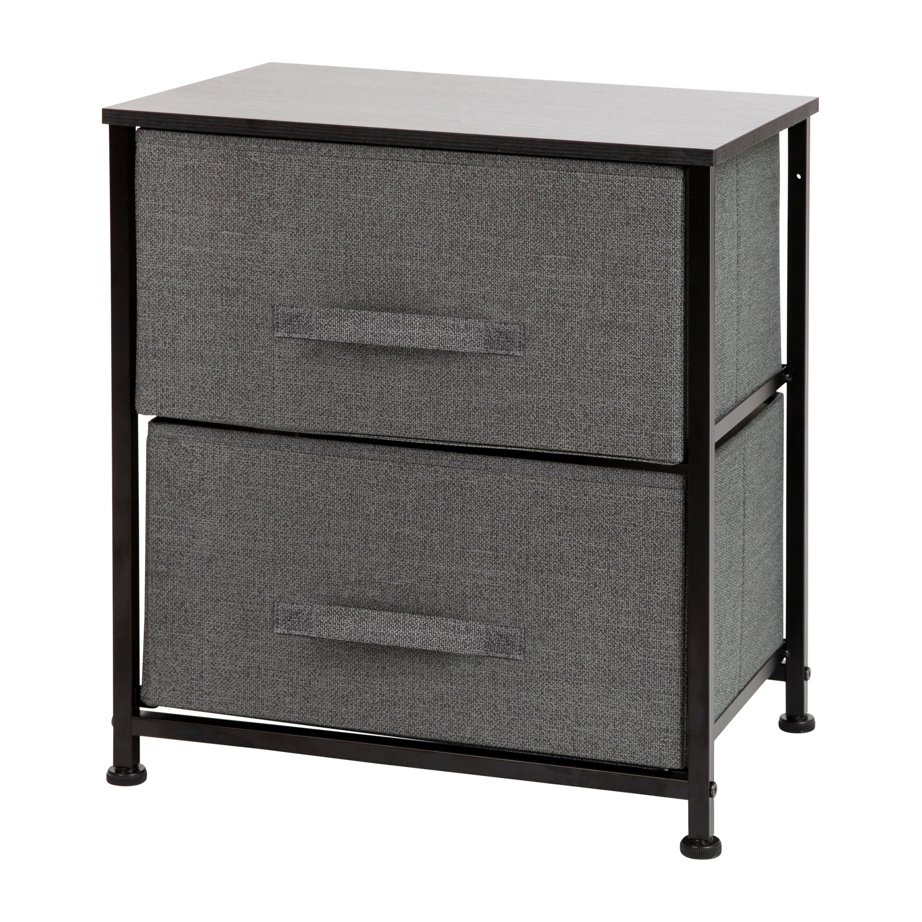 Harris 2 Drawer Wood Top Black Nightstand Storage Organizer with Cast Iron Frame and Dark Gray Easy Pull Fabric Drawers