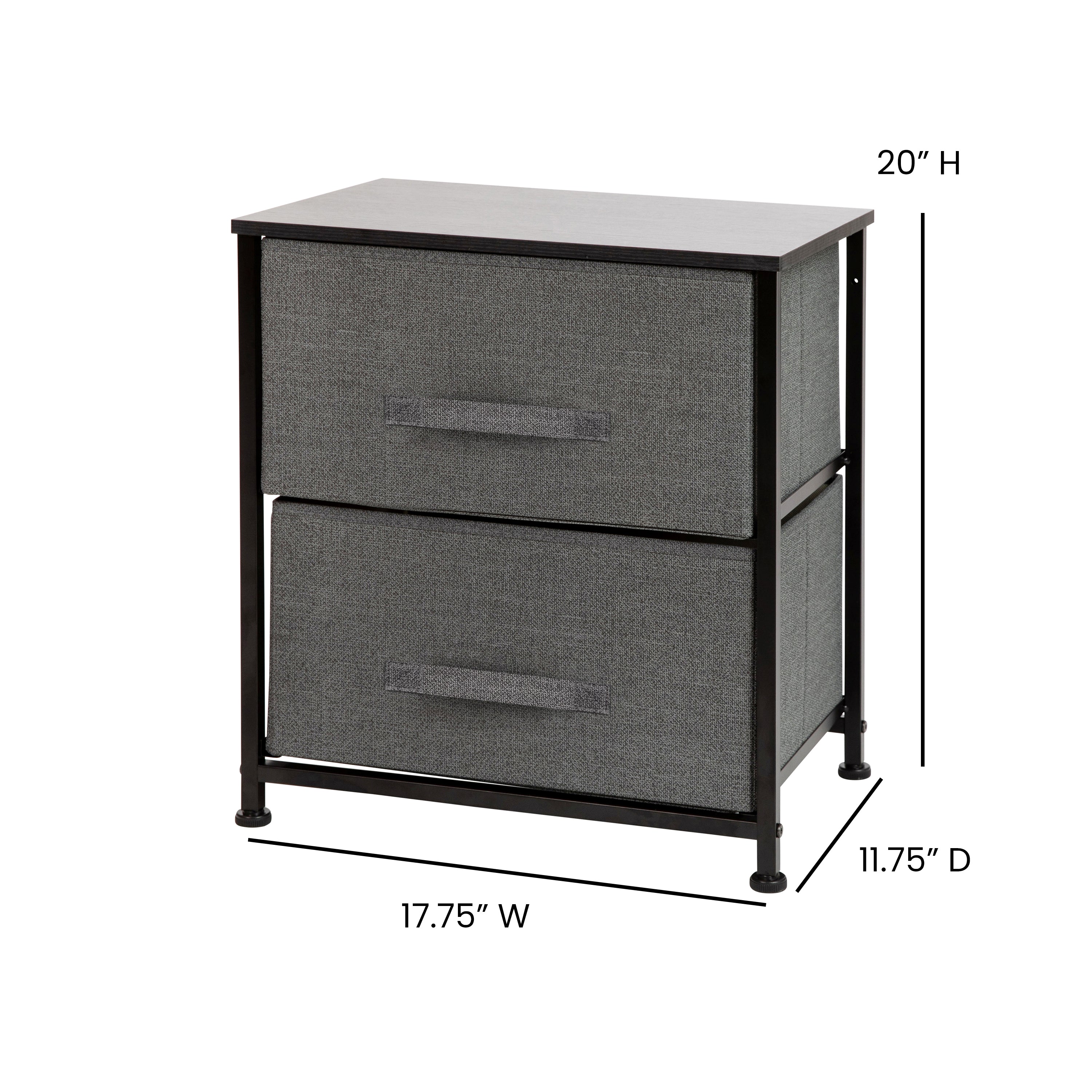 Harris 2 Drawer Wood Top Black Nightstand Storage Organizer with Cast Iron Frame and Dark Gray Easy Pull Fabric Drawers
