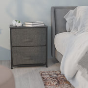 Harris 2 Drawer Wood Top Black Nightstand Storage Organizer with Cast Iron Frame and Dark Gray Easy Pull Fabric Drawers