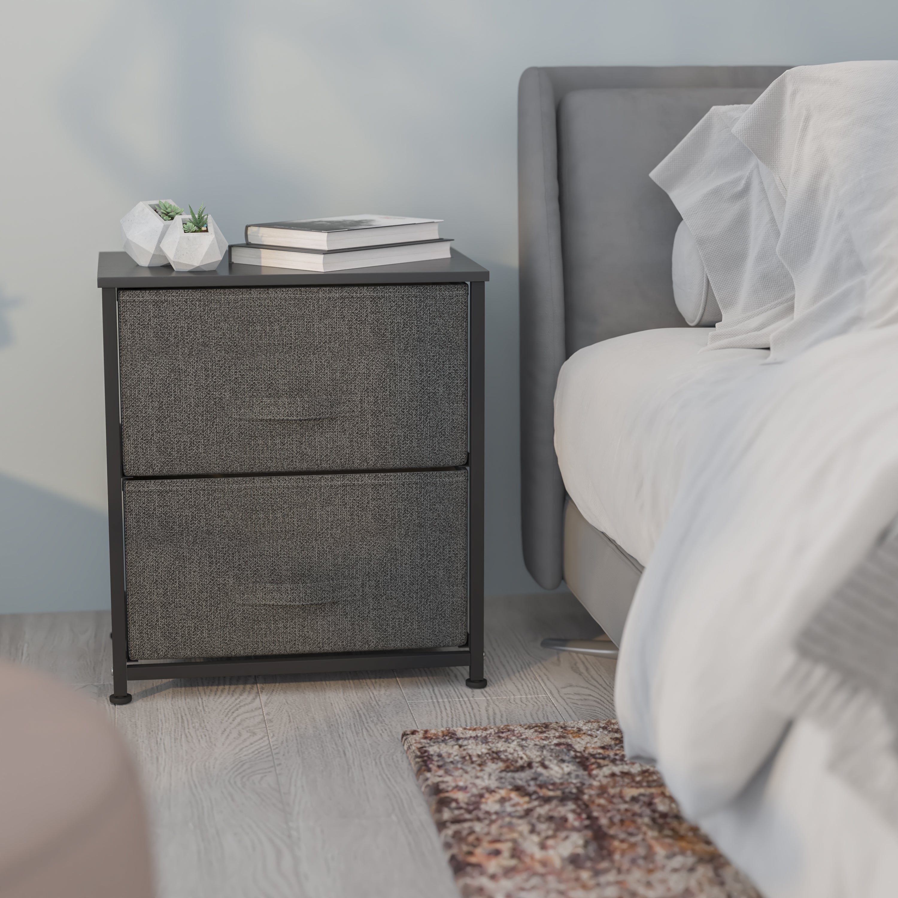 Harris 2 Drawer Wood Top Black Nightstand Storage Organizer with Cast Iron Frame and Dark Gray Easy Pull Fabric Drawers