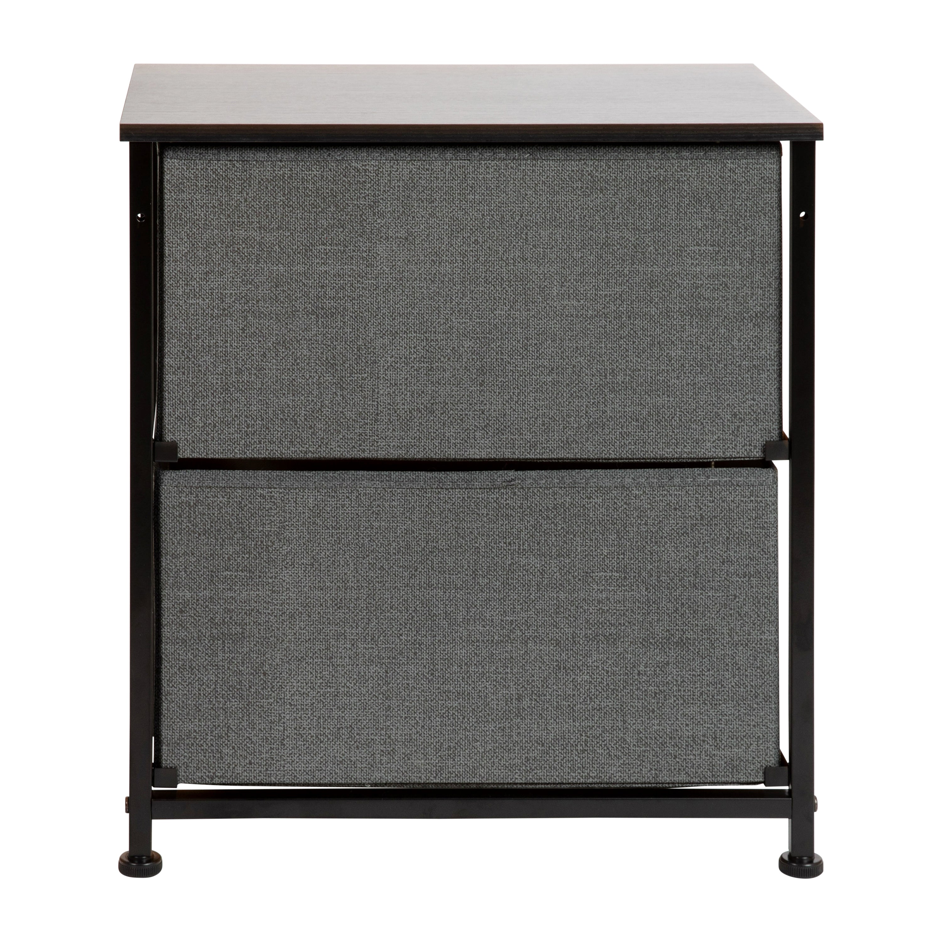 Harris 2 Drawer Wood Top Black Nightstand Storage Organizer with Cast Iron Frame and Dark Gray Easy Pull Fabric Drawers