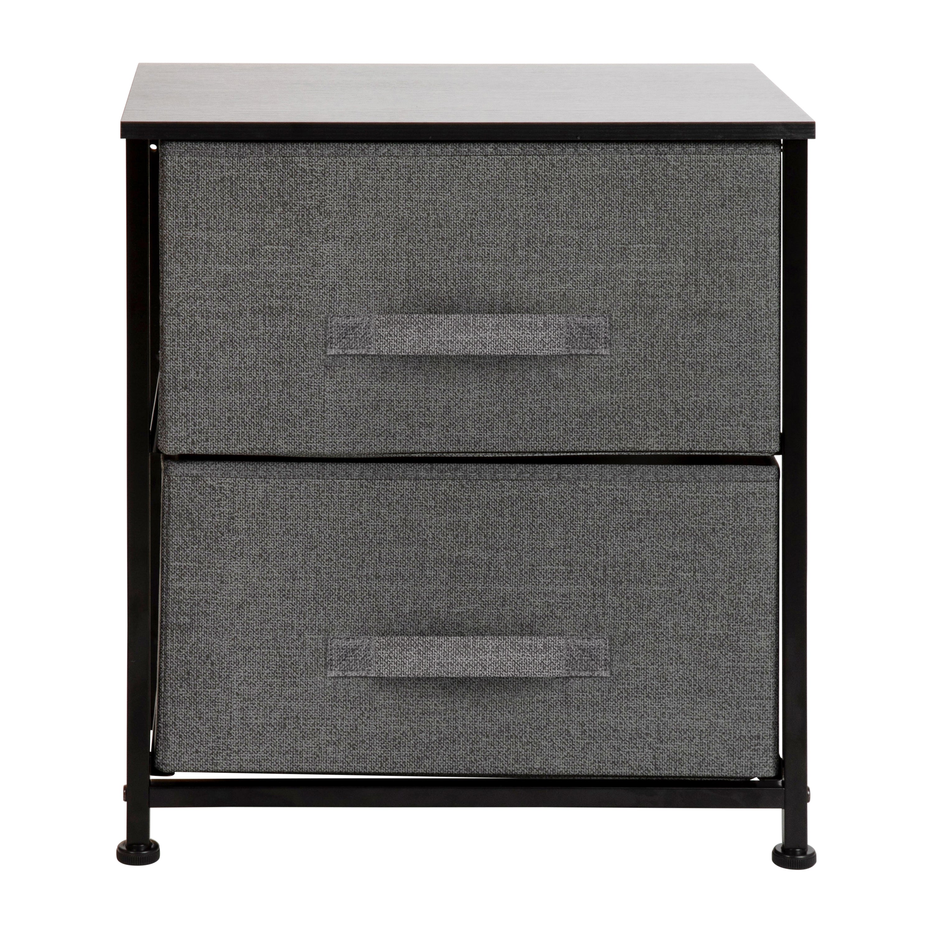 Harris 2 Drawer Wood Top Black Nightstand Storage Organizer with Cast Iron Frame and Dark Gray Easy Pull Fabric Drawers
