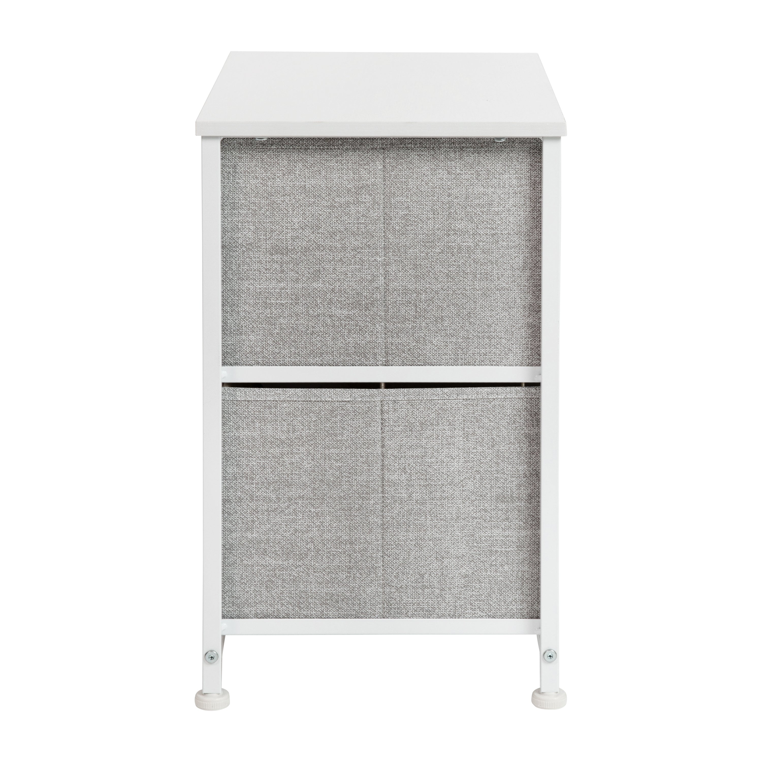 Harris 2 Drawer Wood Top White Nightstand Storage Organizer with Cast Iron Frame and Light Gray Easy Pull Fabric Drawers